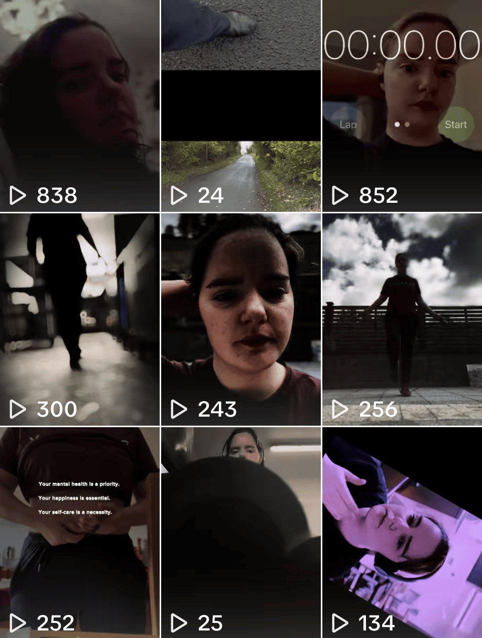 Collection of nine screenshots from TikTok videos featuring various people, landscapes, and text messages, arranged in a 3x3 grid.