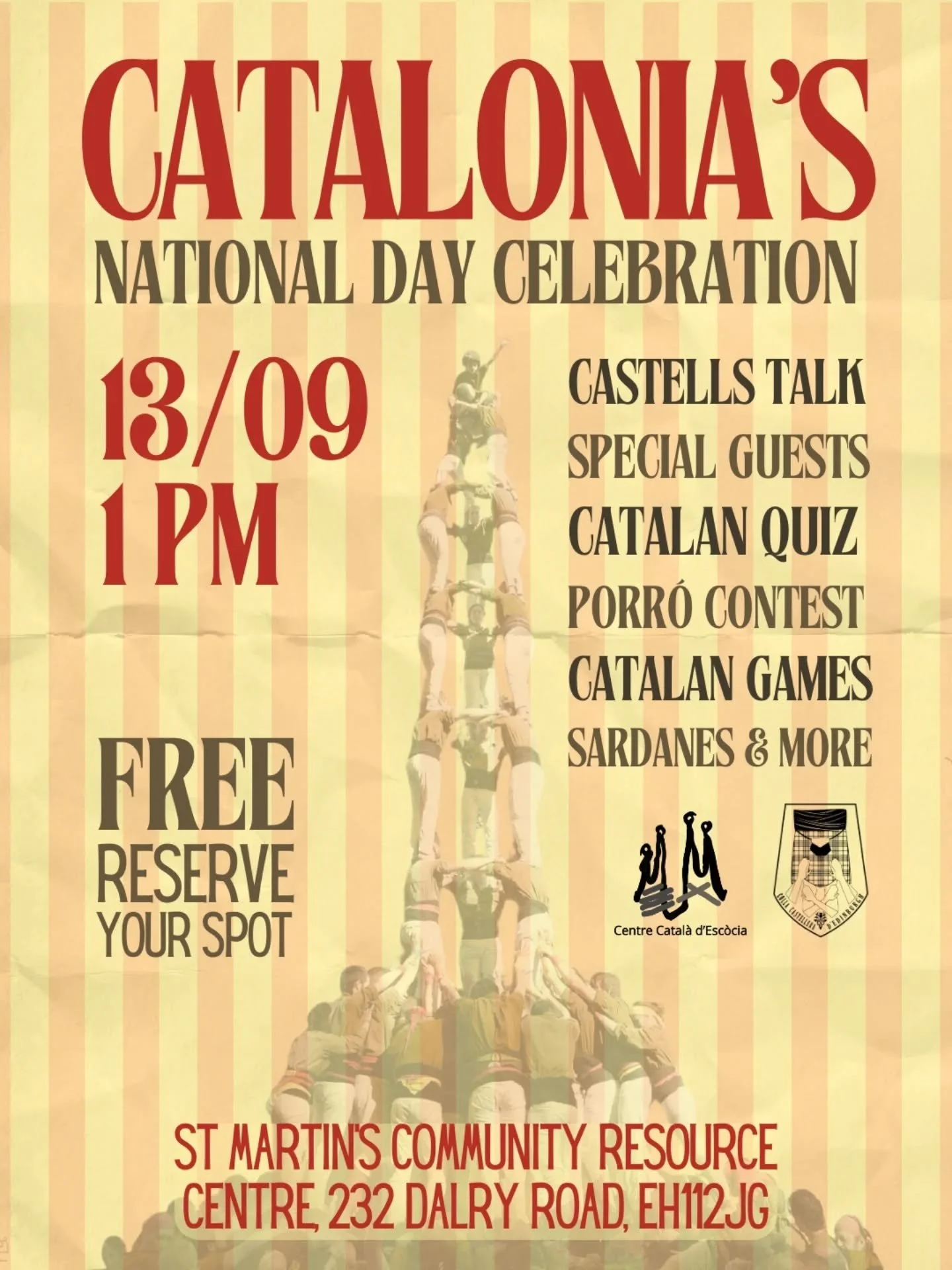 (CAT)

💪🏾El @ccescocia i la @collacastelleraedinburgh us conviden a celebrar la Diada Nacional de Catalunya a Edimburg el dissabte, 13 de setembre.

🏰Comen&ccedil;arem amb una presentaci&oacute; de la hist&ograve;ria dels castells de la m&agrave; 
