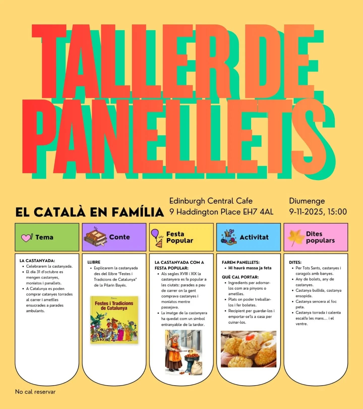 🧒🏽🧑🏽&zwj;🍳 Que els m&eacute;s petits no es perdin aquesta oportunitat de fer panellets amb altres fam&iacute;lies catalanes! 

Ens trobarem aquest diumenge, 9 de novembre, al caf&egrave; de l'Edinburgh Central Youth Hostel. 

Llegiu el cartell p