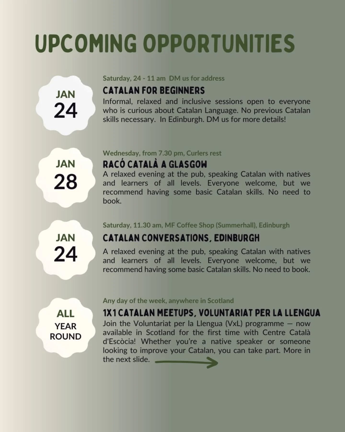 💫💛Que no se't rovelli el catal&agrave;! Si vius a Edimburg o a Glasgow, vine a les nostres trobades informals. En fem m&eacute;s d'una cada mes! 

O subscriu-te al programa Voluntariat per la Llengua per trobar una parella ling&uuml;&iacute;stica ?