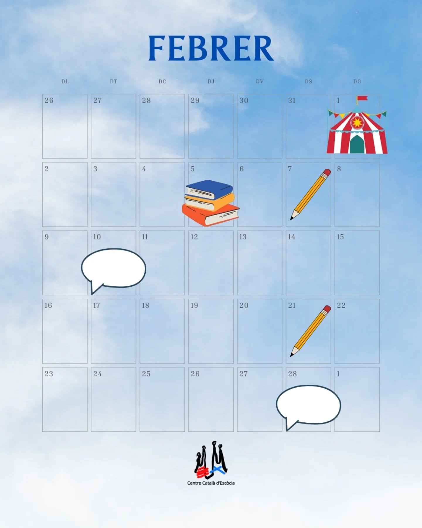 Ja arriba febrer amb les seves activitats! 

🎪 01/02 Les fam&iacute;lies catalanes celebraran Carnestoltes! 

📚 05/02 Club de lectura (escriu-nos per saber l'adre&ccedil;a) 

✏️ 07/02 i 21/02 Catalan for beginners (escriu-nos per saber l'adre&ccedi