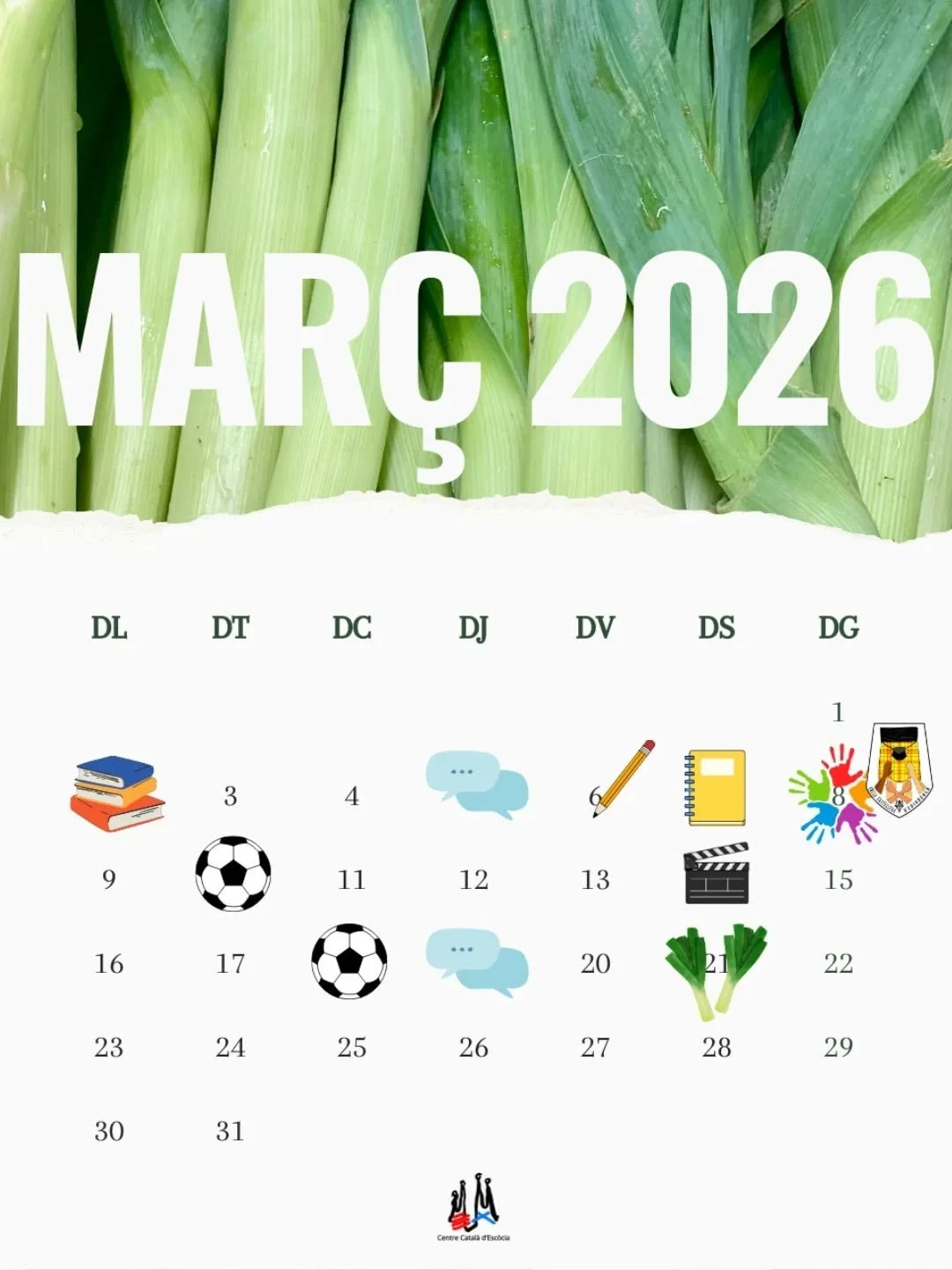 Quines ganes de cal&ccedil;ots, de primavera, de MAR&Ccedil;!

Venim amb un mes ben carregat d'activitats:

📚 02/03 Club de lectura (DM per saber l'adre&ccedil;a) 

💬 05/03 i 19/03 Converses en catal&agrave;

✏️ 06/03 Assemblea General del @ccescoc
