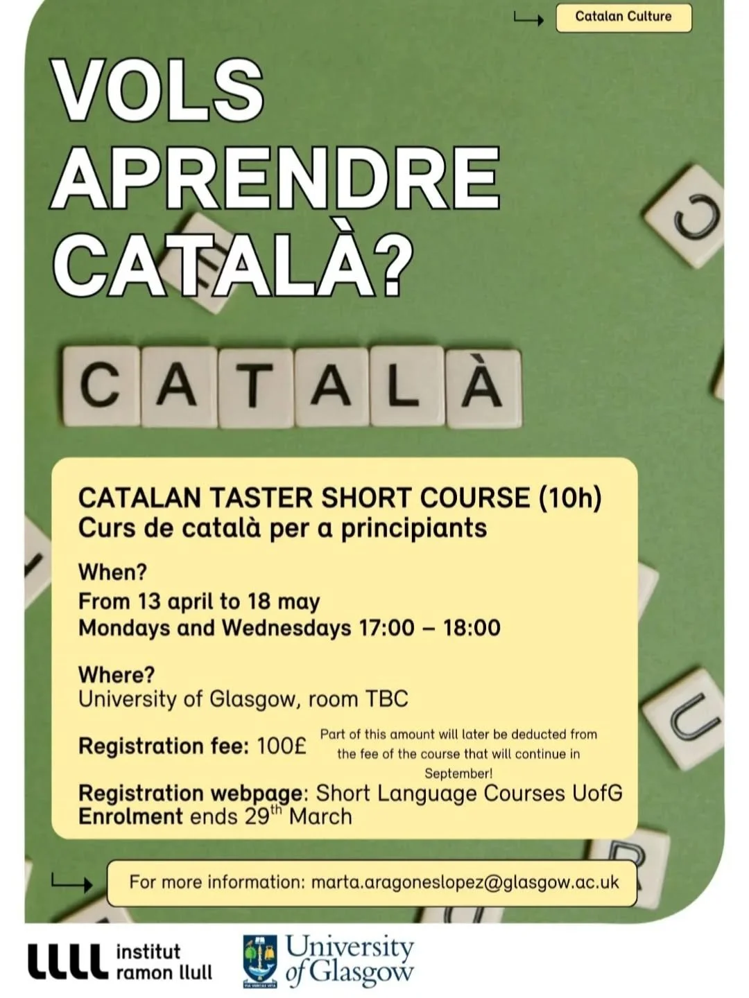 Interested in learning Catalan? The @uofglasgow will offer a taster short course from April to May. 

Applications will close on 29 March.

https://www.gla.ac.uk/study/short/courses/catalan-in-5-weeks--an-introduction/