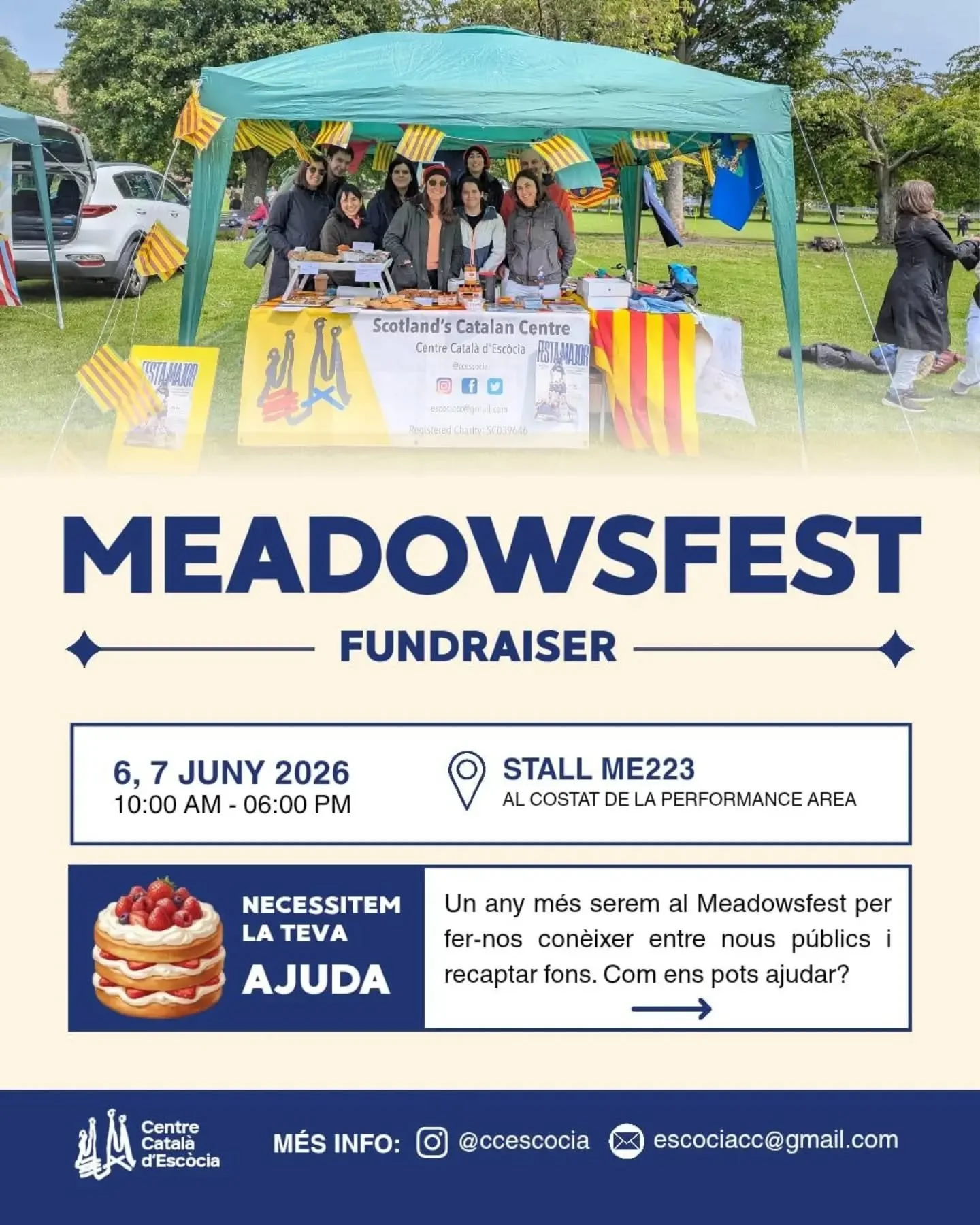 🤗Un any m&eacute;s, serem a Meadowsfest recaptant fons pel @ccescocia i la @collacastelleraedinburgh i donant a con&egrave;ixer les nostres activitats.

🧁🍰Vols ajudar? Porta un past&iacute;s, coca, magdalenes, galetes, truita de patates... Alguna 