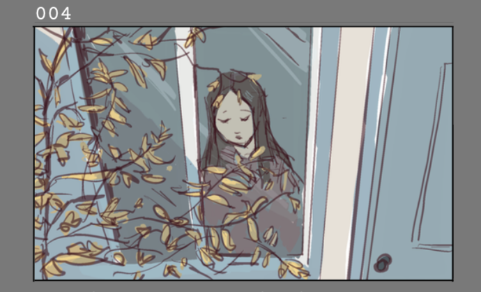 A girl with long dark hair looking through a window, with leaves and branches outside.