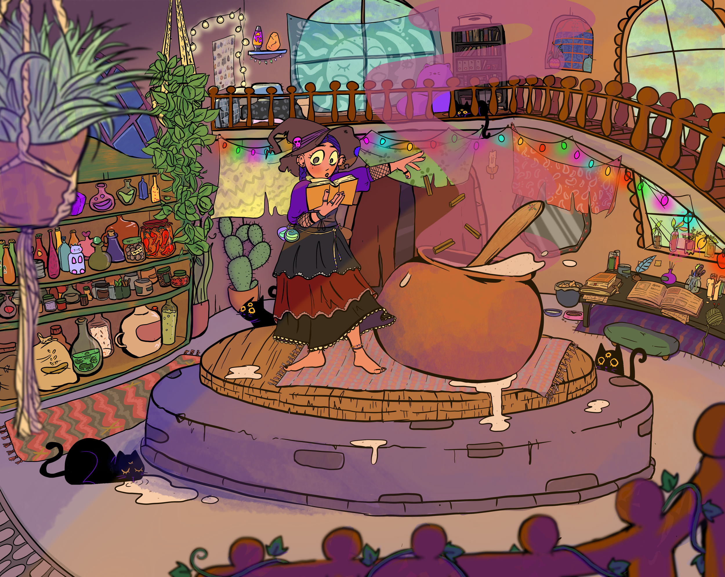 A cozy attic filled with various decorations, plants, books, and bottles. A girl with purple hair, wearing a witch hat, is sitting on a round woven table reading a book. There are colorful string lights, a black cat, and a sleeping black cat on the f