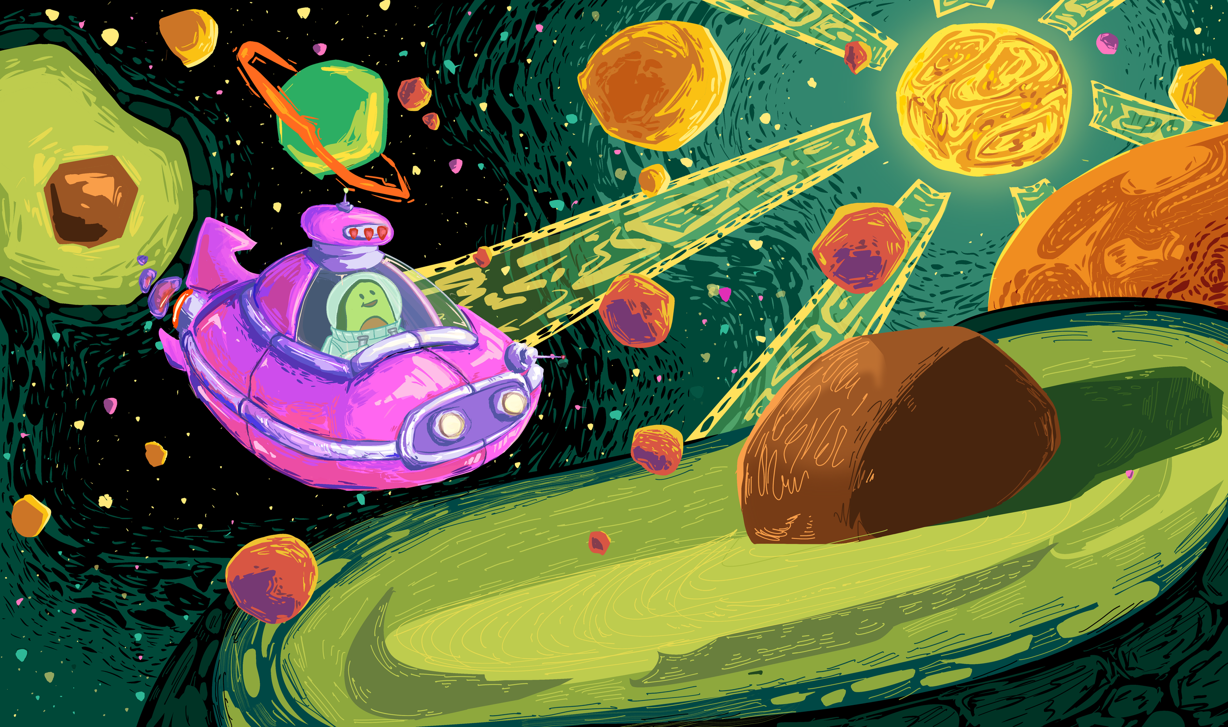 A colorful, cartoon-style space scene featuring a small pink spaceship with a green alien inside. The spaceship is flying through a vibrant asteroid field with large, exaggerated rocks and swirling green and black cosmic background.