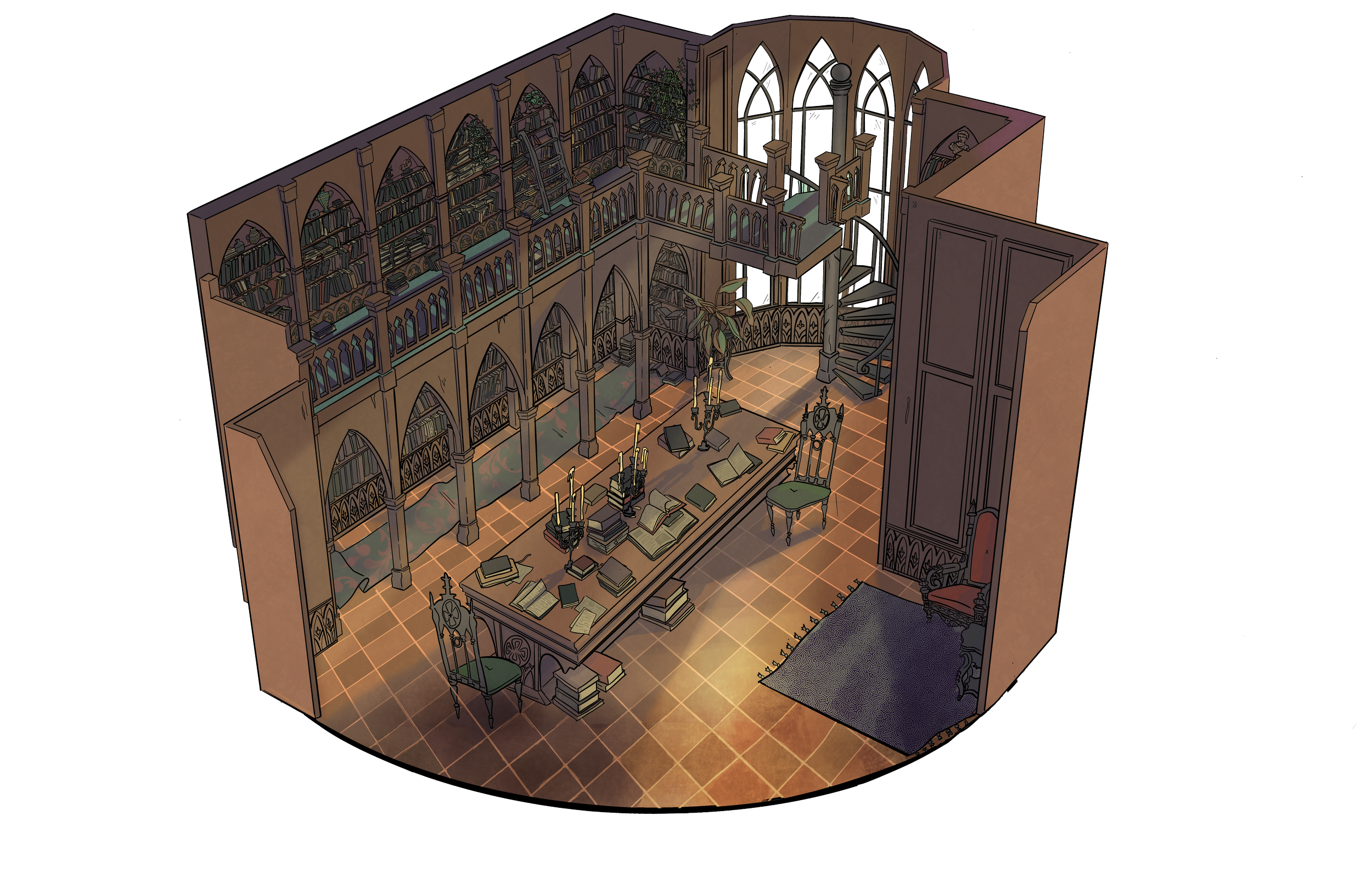 A detailed illustration of a cozy library room with tall bookshelves, arched windows, a spiral staircase, a wooden table filled with open books, and vintage chairs.