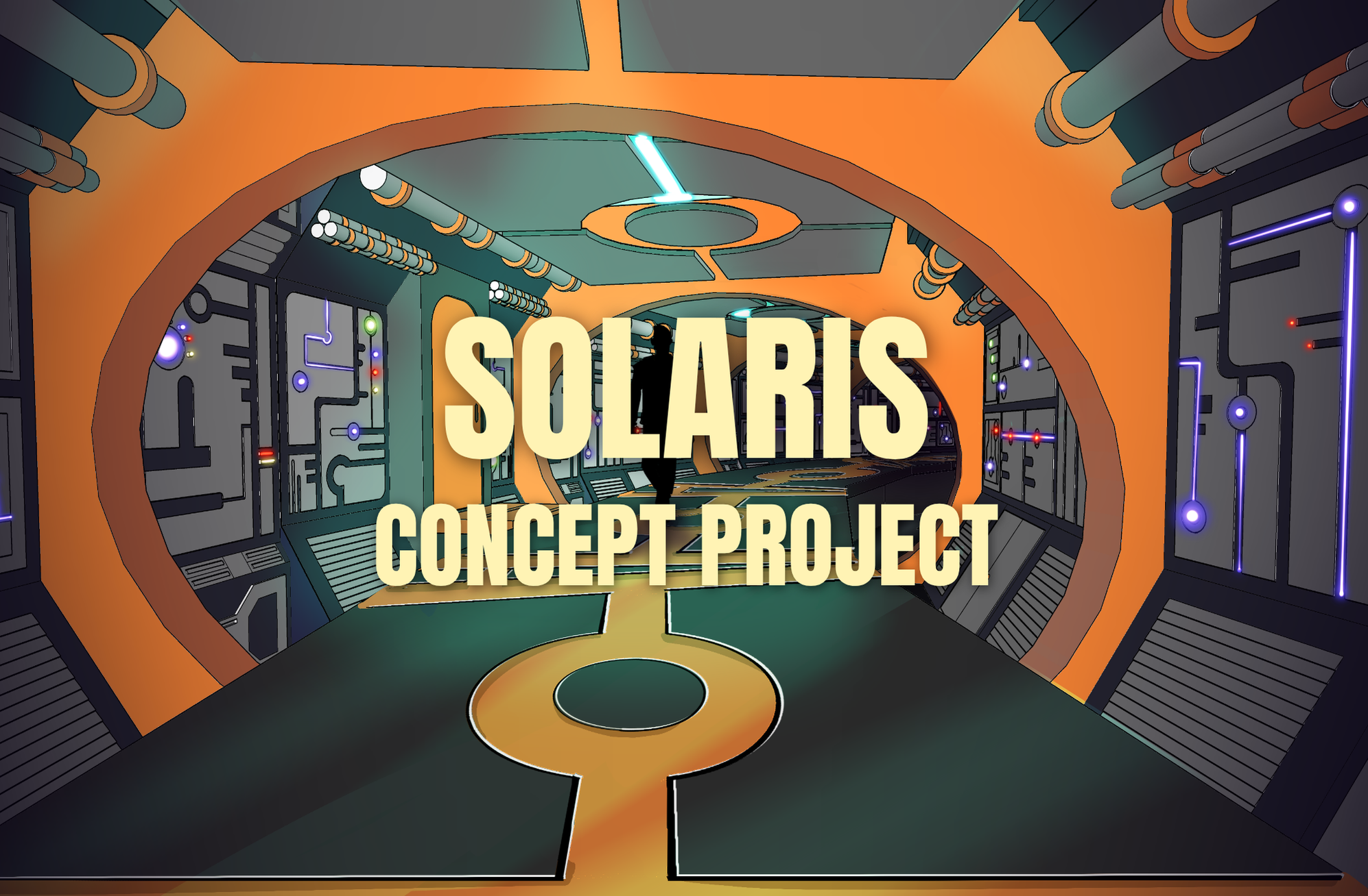 Futuristic corridor with electronic panels and pipes, with the words 'Solaris Concept Project' overlaid.