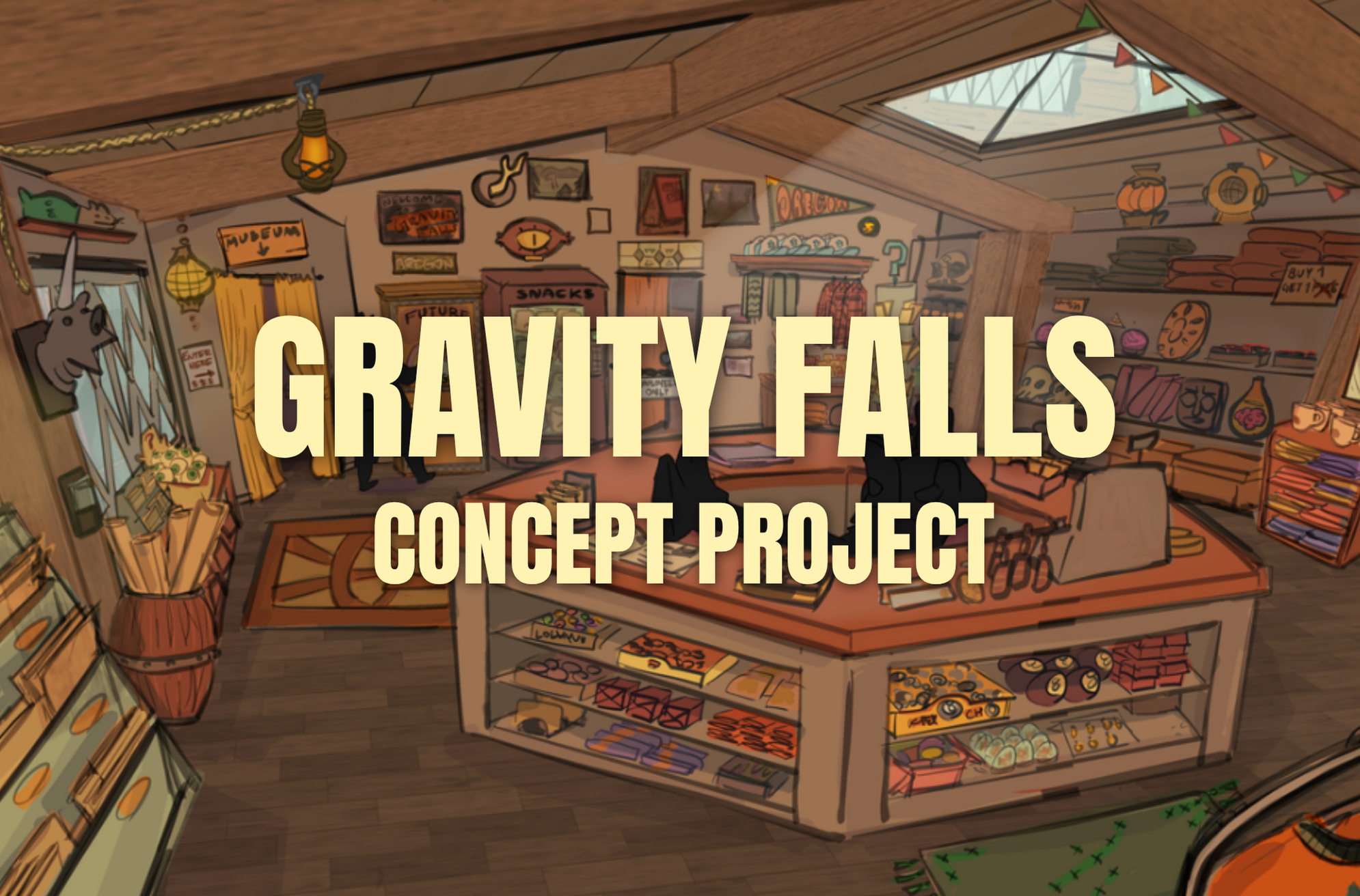 Interior of a store with shelves filled with snacks, candy, and various items, decorated with Halloween-themed ornaments, with a large skylight and colorful triangular banners hanging from the ceiling, and a sign reading 'Gravity Falls Concept Project' overlayed.