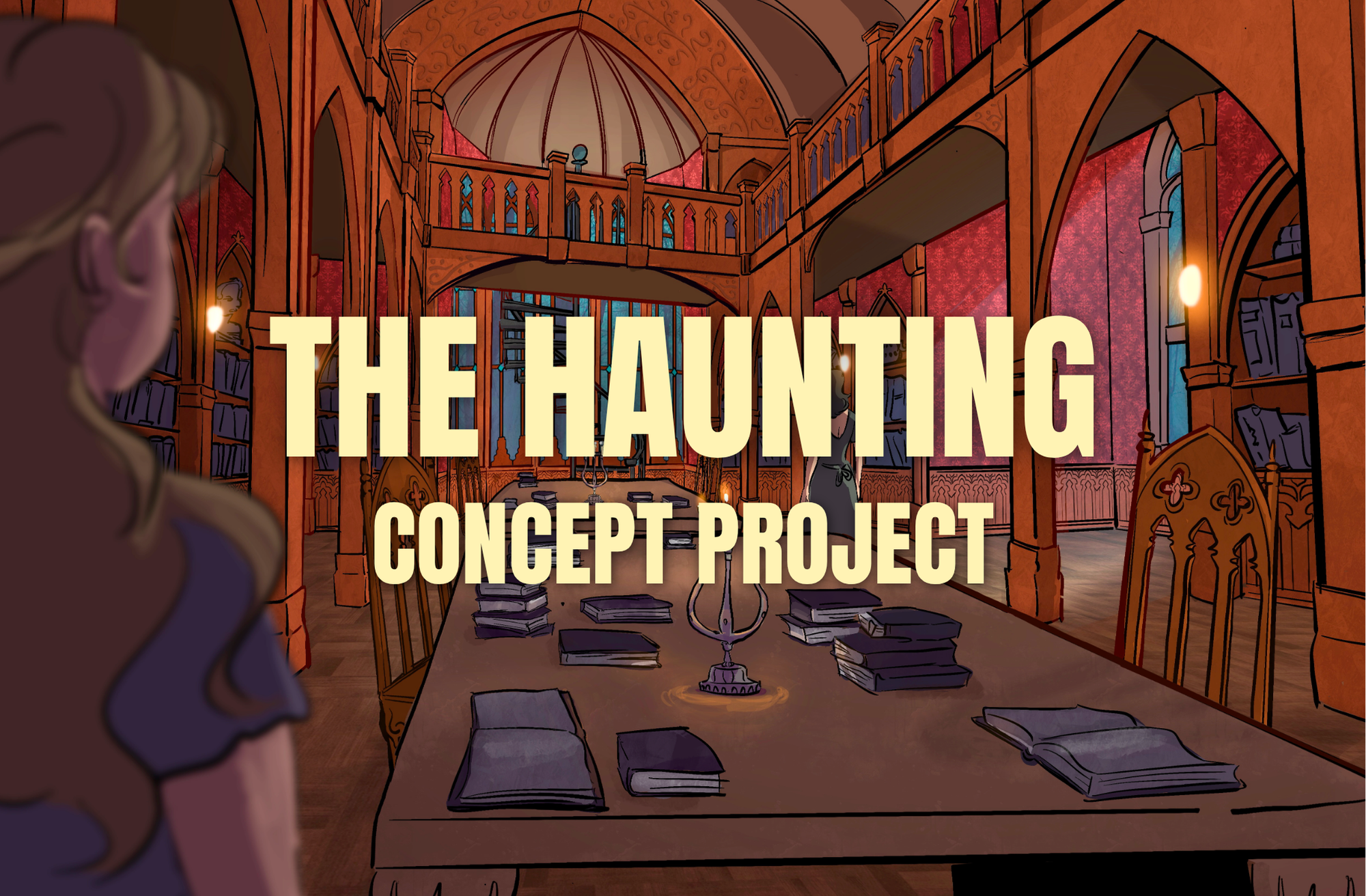 Illustration of a grand, ornate library with bookshelves, a table with stacks of books, a candelabrum, and stained glass windows. Overlay text reads 'The Haunting Concept Project'.