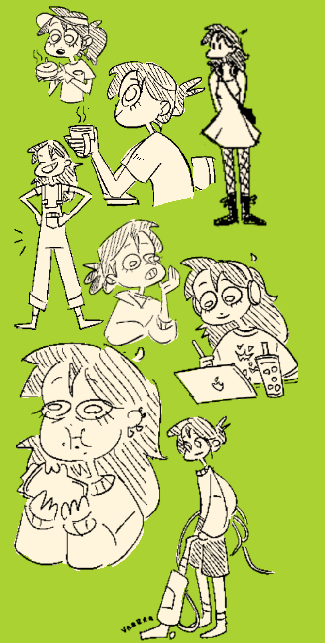 A collection of cartoon characters in various poses and expressions on a bright green background. Some characters are holding objects, using electronic devices, or in casual poses.