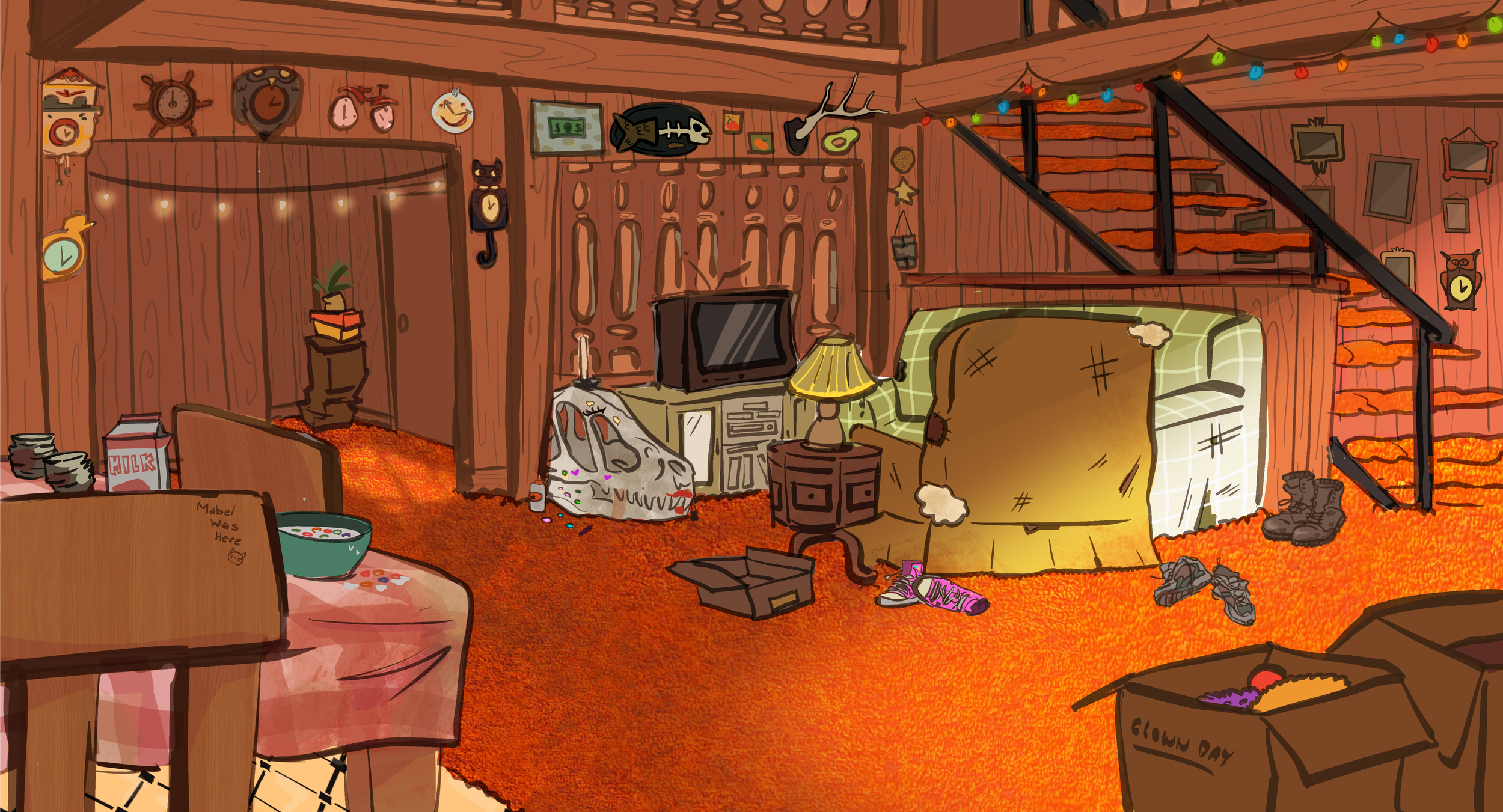 Cozy living room inside a rustic cabin with wooden walls and stairs. There are various clocks and decorations on the walls, a TV, a sofa with a blanket, sneakers on the floor, a box labeled "Glow Day," and a birthday cake with candles. The room is il