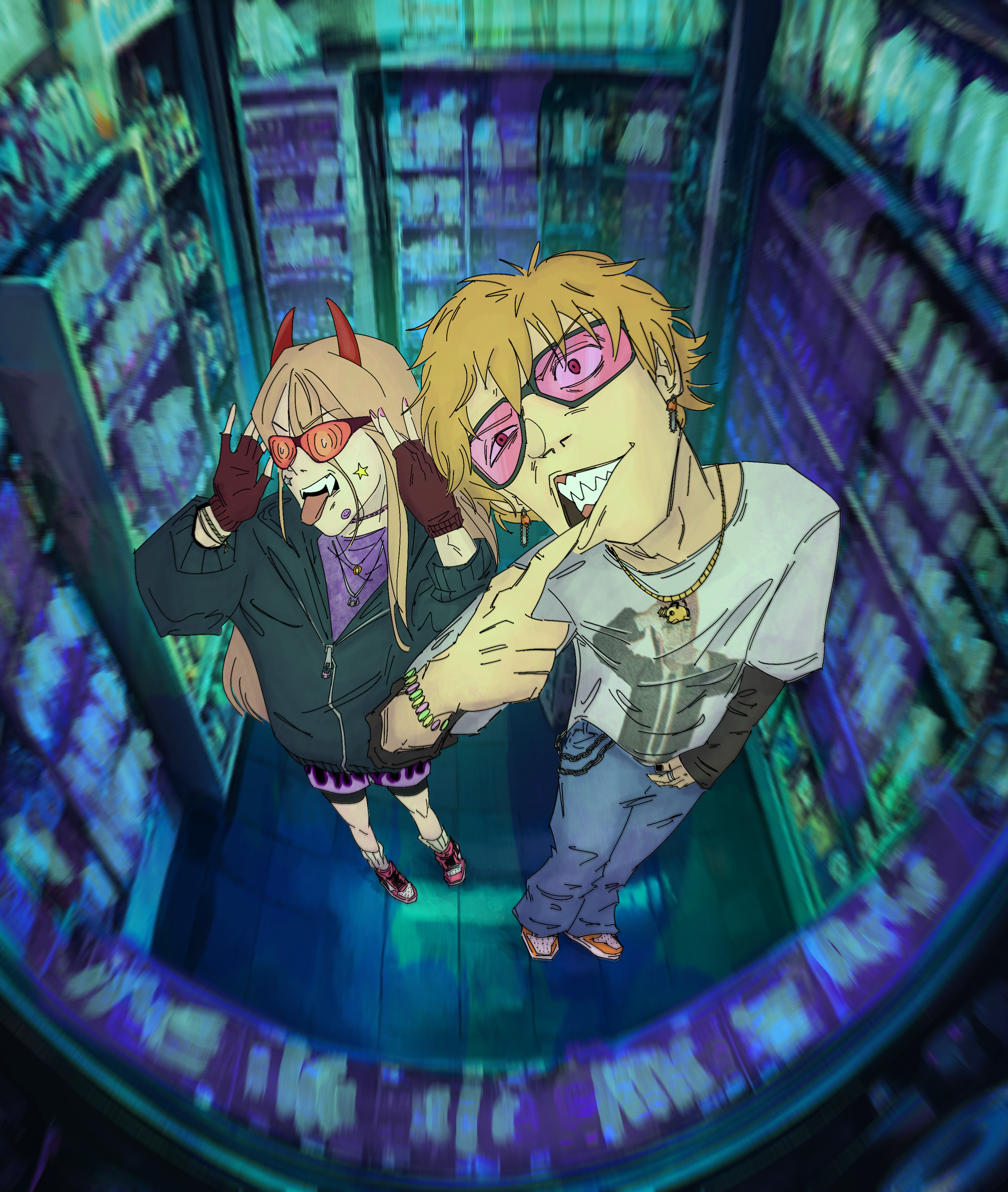 Anime-style illustration of two young characters with a vibrant, abstract green and blue background. One character has long blonde hair, pink glasses, and a pink mask, wearing a yellow hoodie. The other character has blonde hair with red horns, sungl