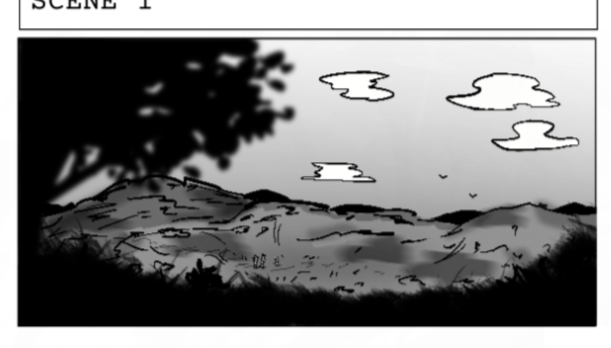 A black and white landscape sketch of mountains with a tree in the foreground and clouds in the sky.