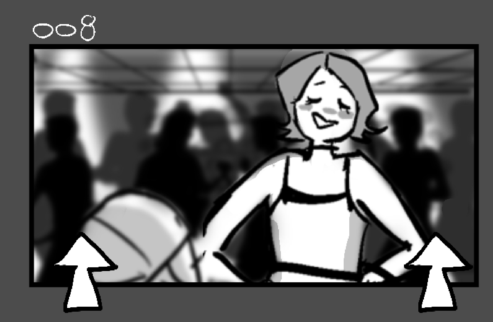 Black and white cartoon illustration of a smiling woman with a bob haircut, wearing a sleeveless top, standing with her hands on her hips. Blurred silhouettes of people are in the background, and there are arrows pointing upward at the bottom corners of the image.