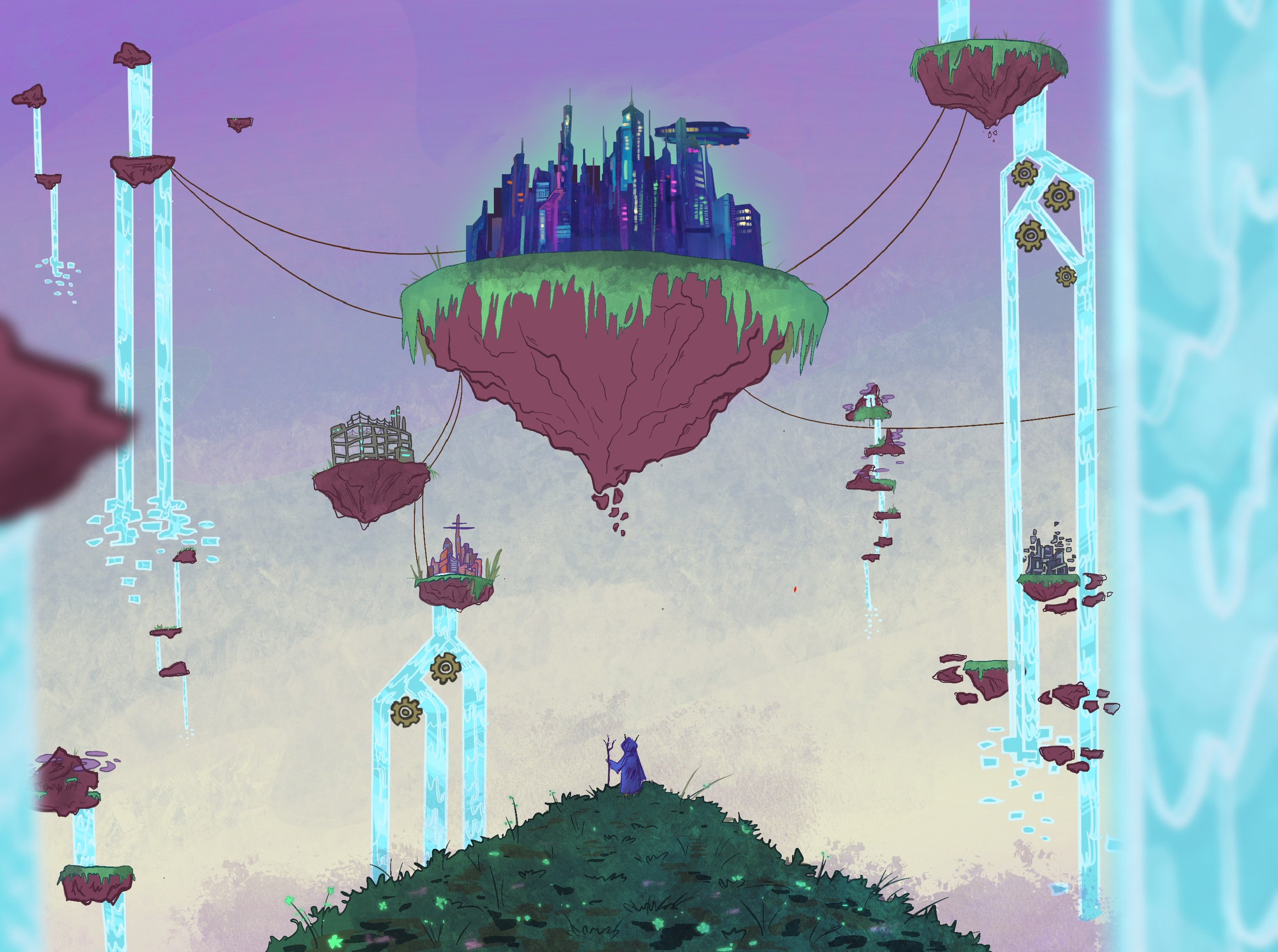 Futuristic floating city with tall skyscrapers, waterfalls, and bridges connecting floating islands, depicted in a sci-fi art style with vibrant colors.