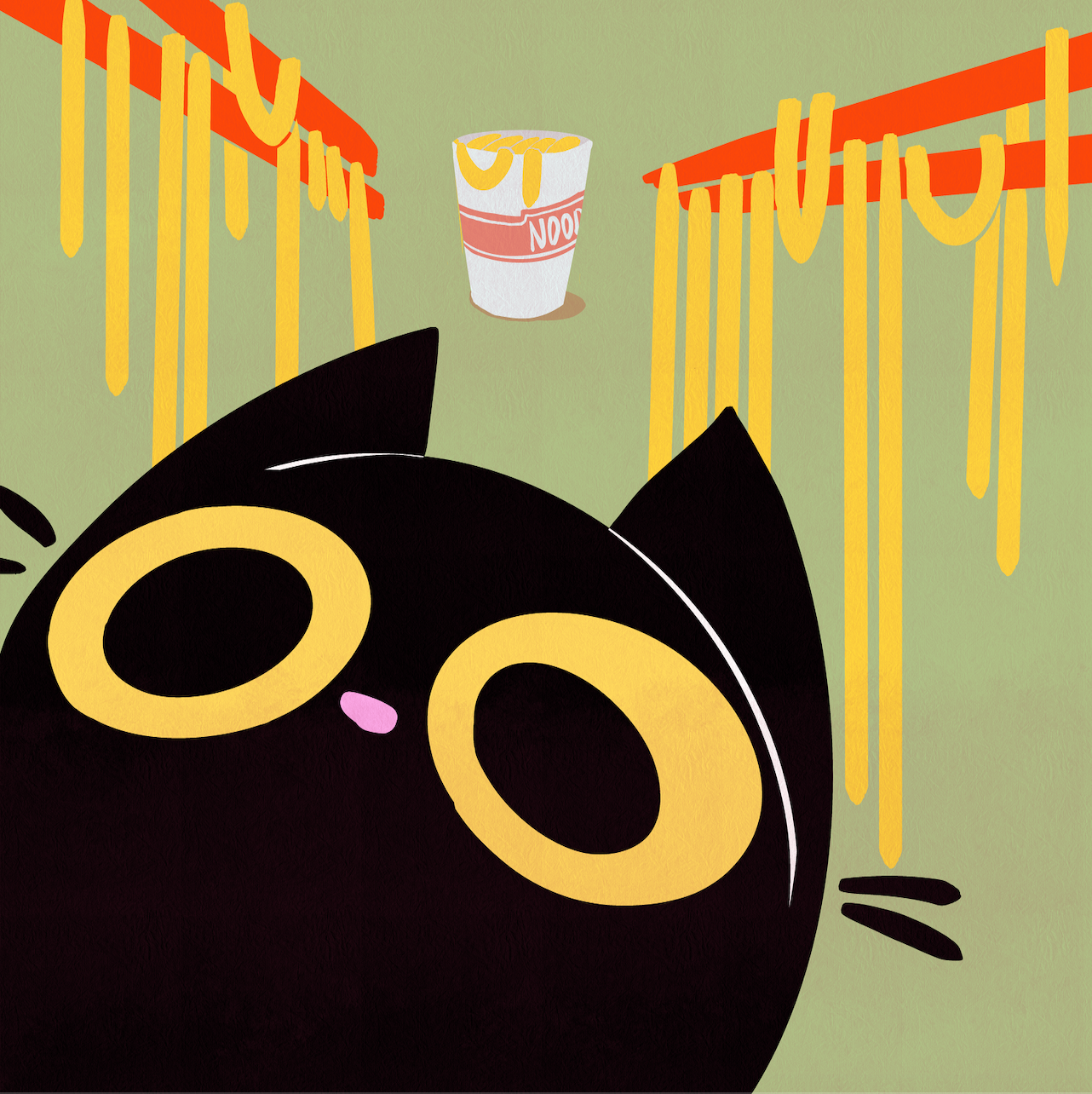 A cartoon black cat with large yellow eyes, wearing glasses, amidst hanging yellow spaghetti on orange racks, with a cup of instant noodles in the background.