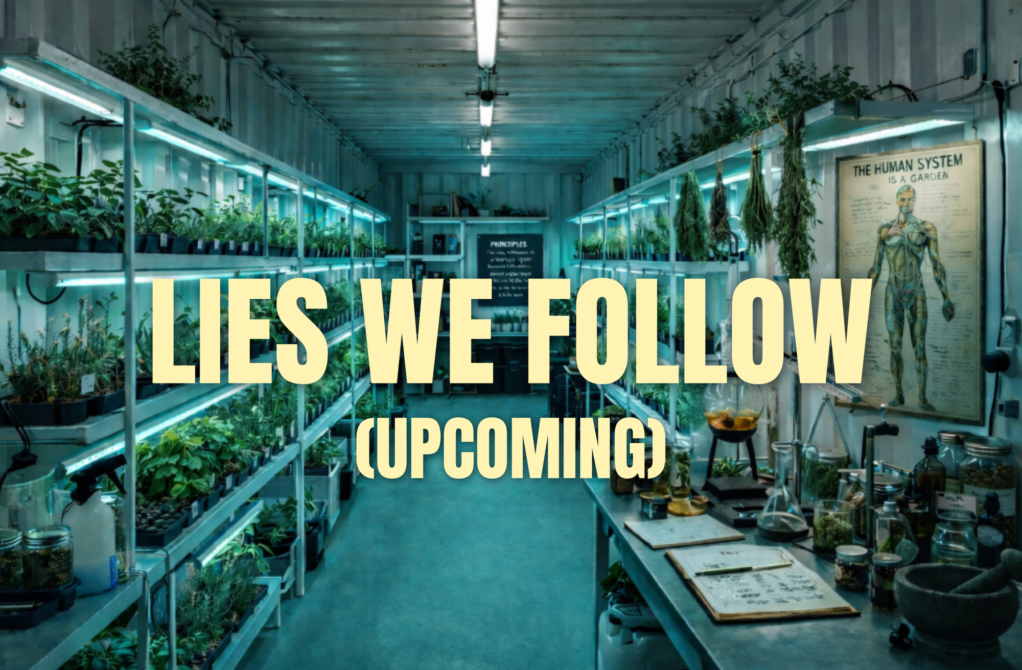 Inside a well-lit greenhouse or grow room with shelves of potted plants and grow lights. The text overlay reads 'LIES WE FOLLOW (UPCOMING)'. There are various gardening tools, notes, and a poster on the wall depicting the human body with the caption 'The human system is a garden.'