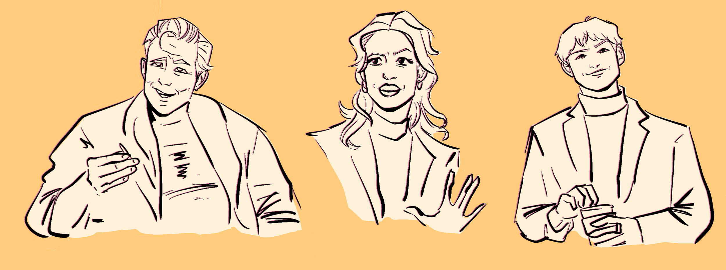 Line art illustration of three people against a yellow background. The person on the left is a man with short hair, smiling, with one hand on his chest. The middle person is a woman with wavy hair, wearing earrings, smiling, with one hand raised. The
