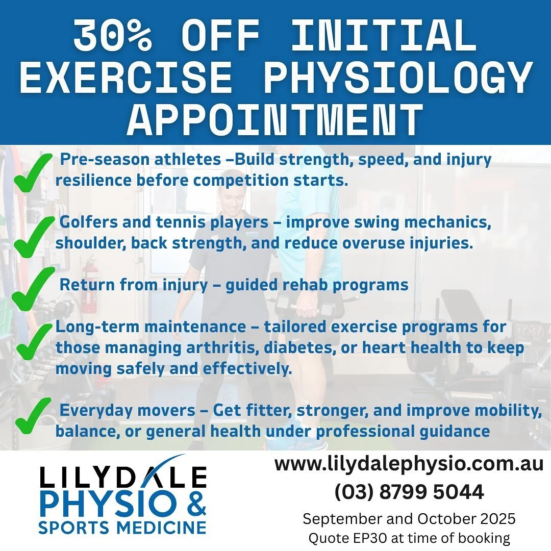 💥 EP30 PROMO 💥
At Lilydale Physio &amp; Sports Medicine, our Exercise Physiologist Ryan, is here to help you move better, get stronger, and recover smarter. 💪✨

Perfect for:
🏏 Pre-season sports prep
🎾 Golf &amp; tennis performance
🏃&zwj;♂️ Inju