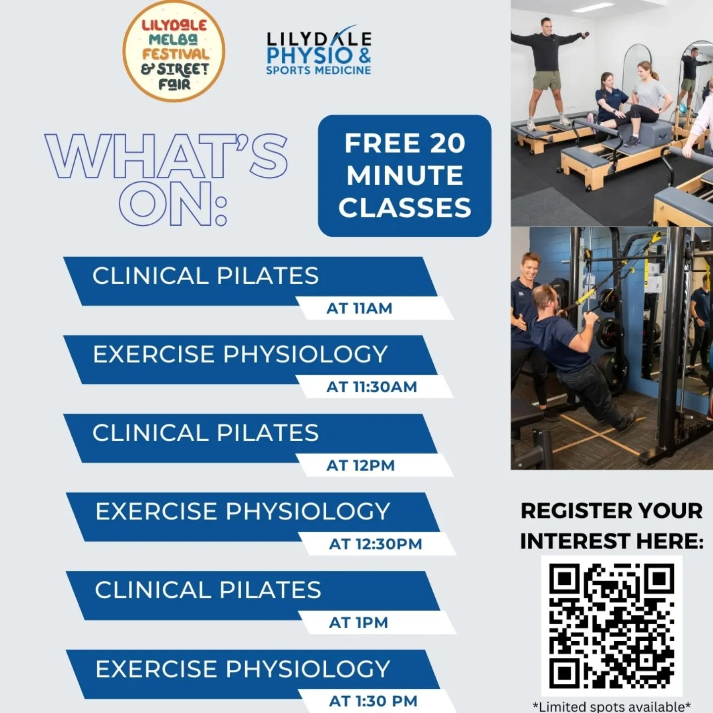 🤸&zwj;♂️ FREE CLASSES THIS SUNDAY 7TH DEC - at the Lilydale Street Fair 🤸&zwj;♀️

Come on down and join us for a FREE 20 min 
💪Clinical pilates classes for all fitness levels 
🏋&zwj;♀️ Exercise physiology classes for all 

SIGN UP NOW or use QR c