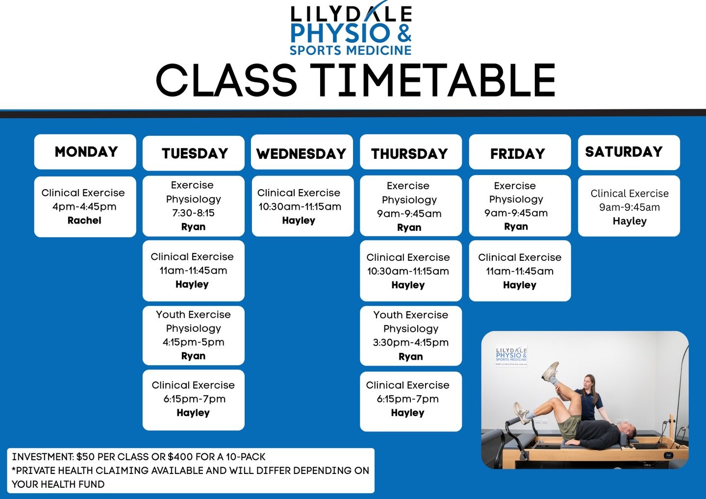 🗓️ Clinical Exercise Class Timetable 🗓️

Planning your week just got easier 💪
Our Physio-led Clinical Exercise Classes run at set times so you can lock in consistency, accountability and results.

✔ Small group classes
✔ Individualised programs
✔ 