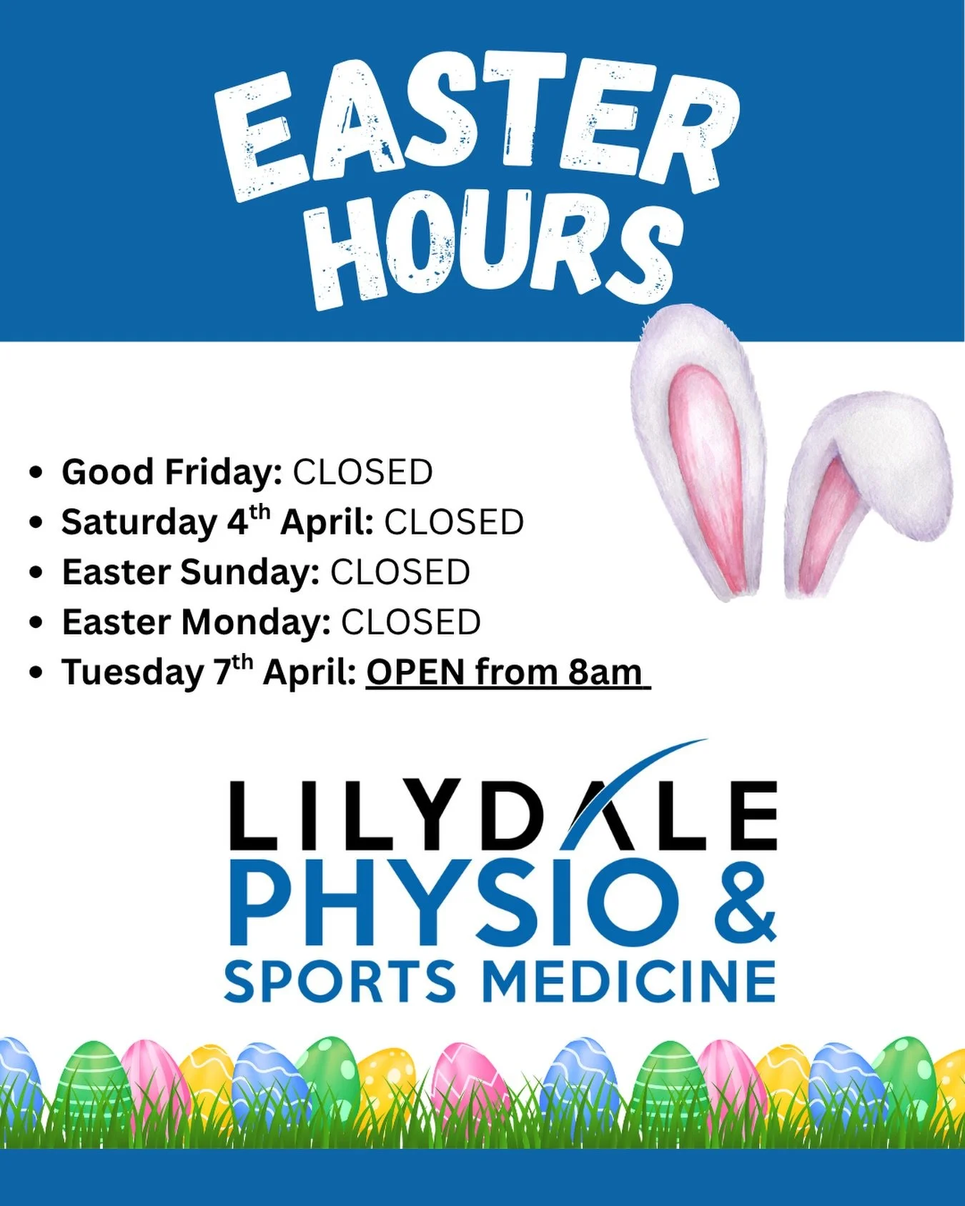 We&rsquo;ll be closed over the Easter long weekend from Good Friday through to Easter Monday 🐰

We&rsquo;ll be back on Tuesday from 8am, ready to help with all your Physiotherapy and Exercise Physiology needs 🏃&zwj;♀️⚽️🏀

Enjoy the break, treat yo