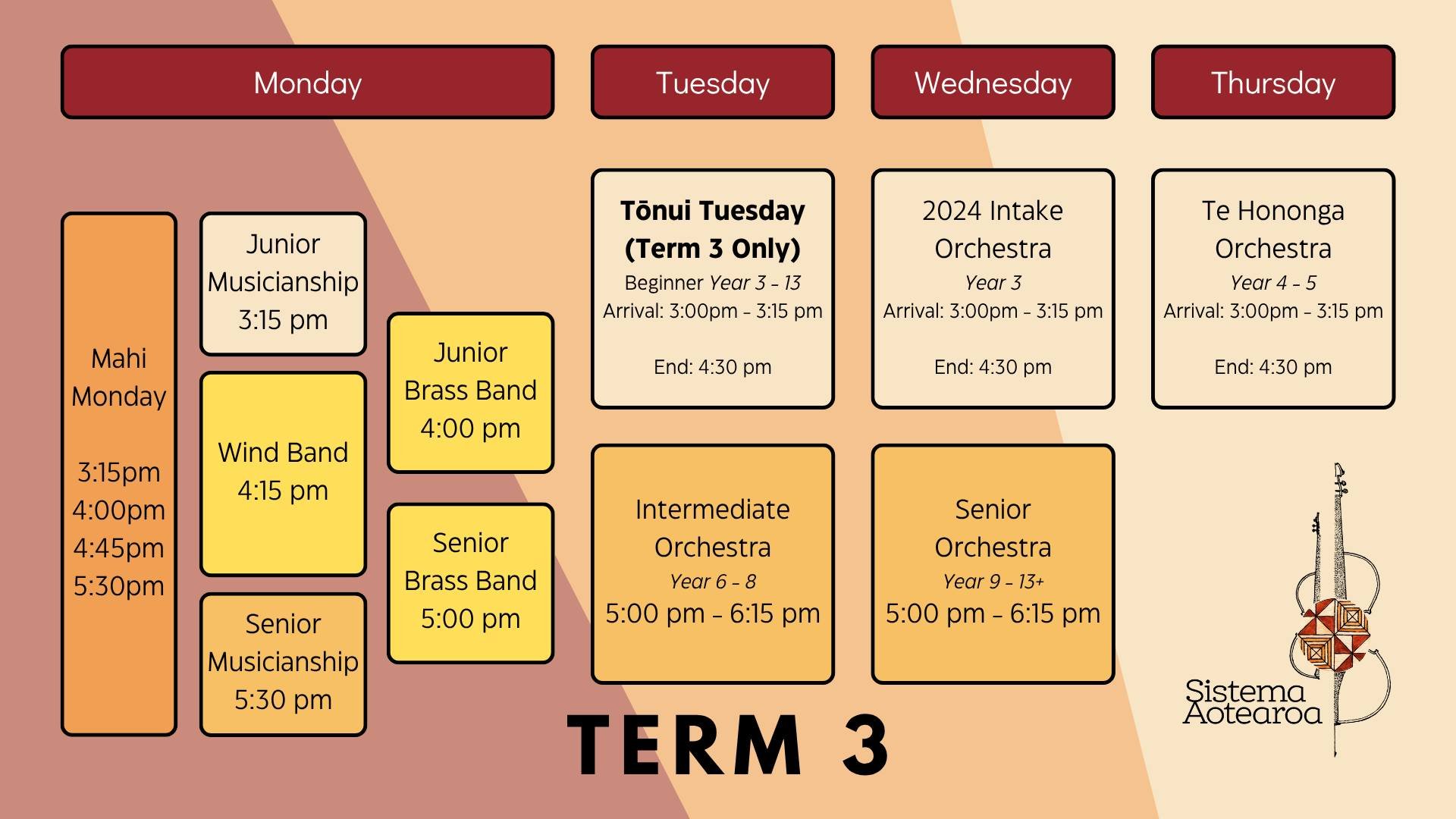 Kia ora whānau!
Here’s our updated Term 3, 2025 timetable 🎶📅
Some exciting changes this term:
🎻 Te Rerenga Koa and Te Hononga have joined together
🎺 Year 6 students are now part of our Intermediate group
🌱 And we’re welcoming a new