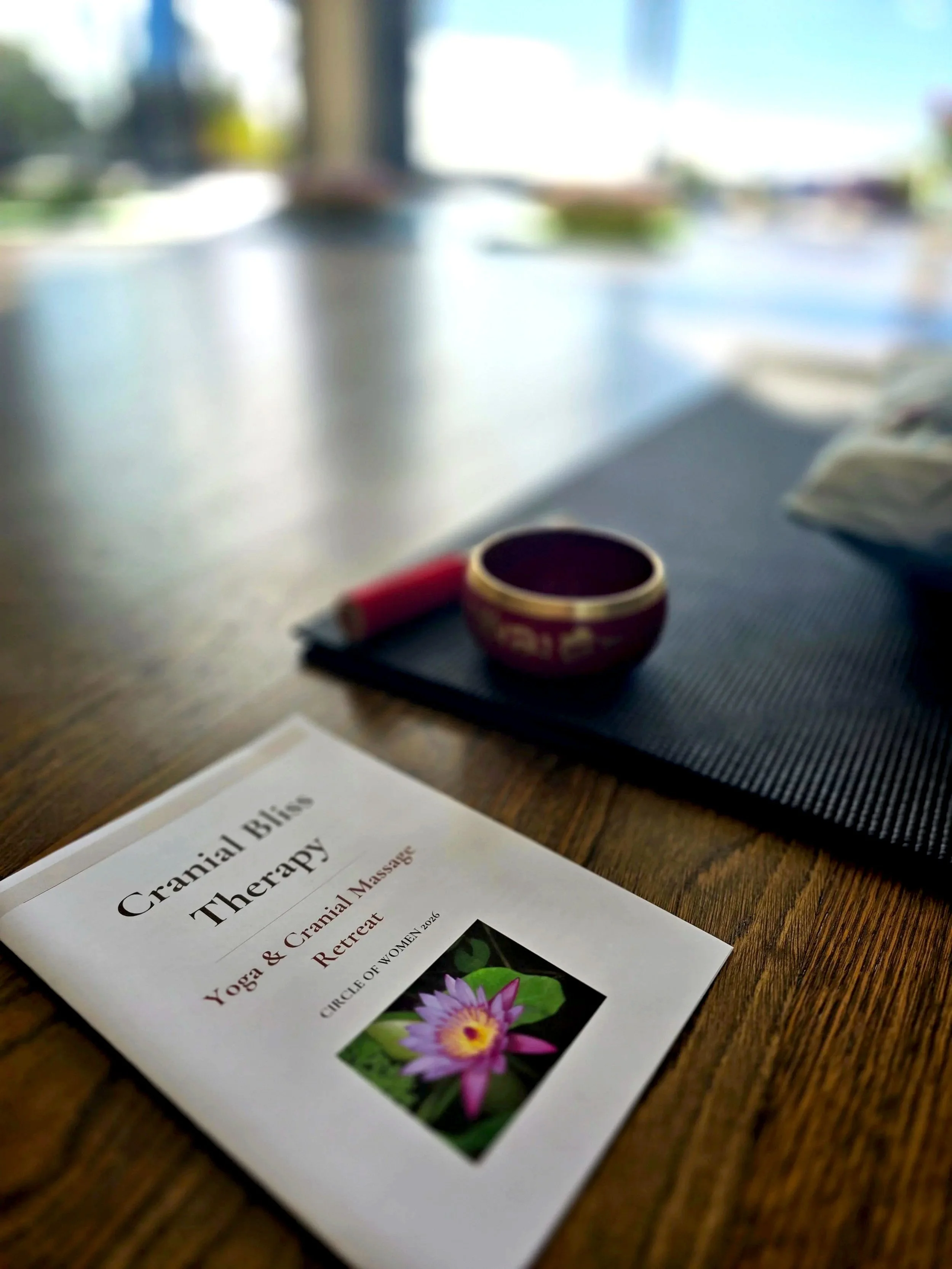 Brochure on cranial bliss therapy and yoga with a picture of a blooming pink and purple water lily flower.