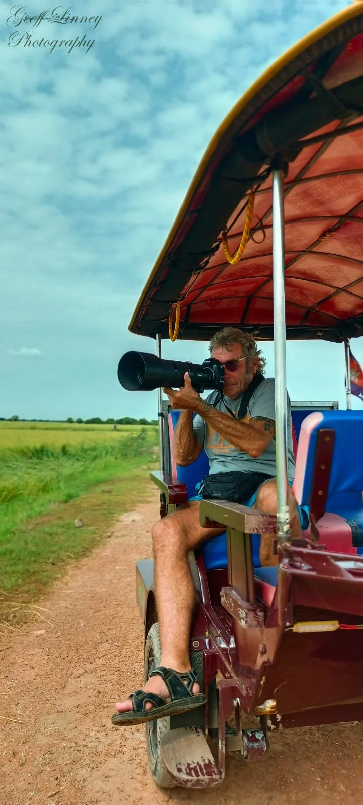 Geoffrey shooting from tuk tuk, Pearaing Conservation Ctr