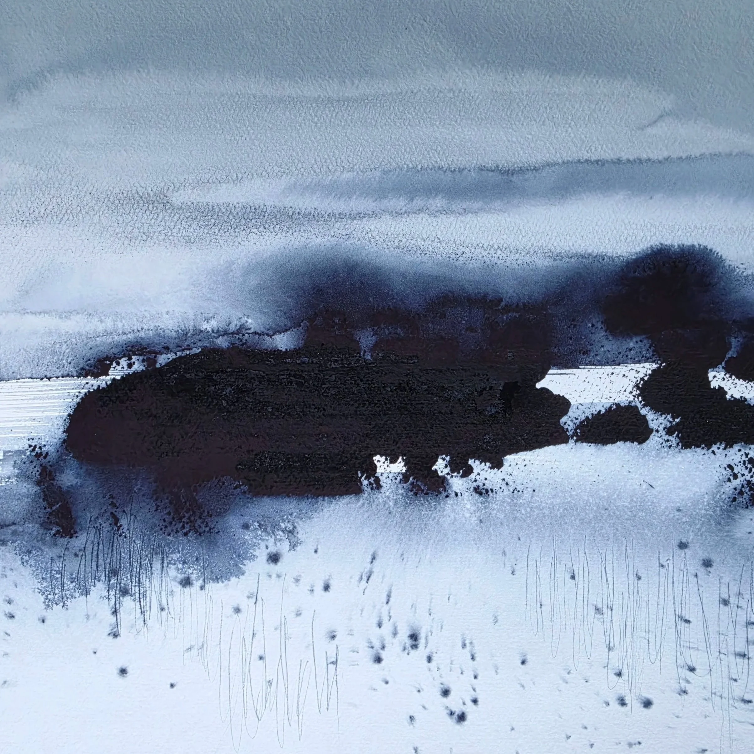 Abstract watercolour and ink landscape in indigo and grey tones, with a dark, pooled form suggesting a distant hill or shoreline, soft mist-like washes above, and fine vertical ink lines like reeds in the lower foreground.