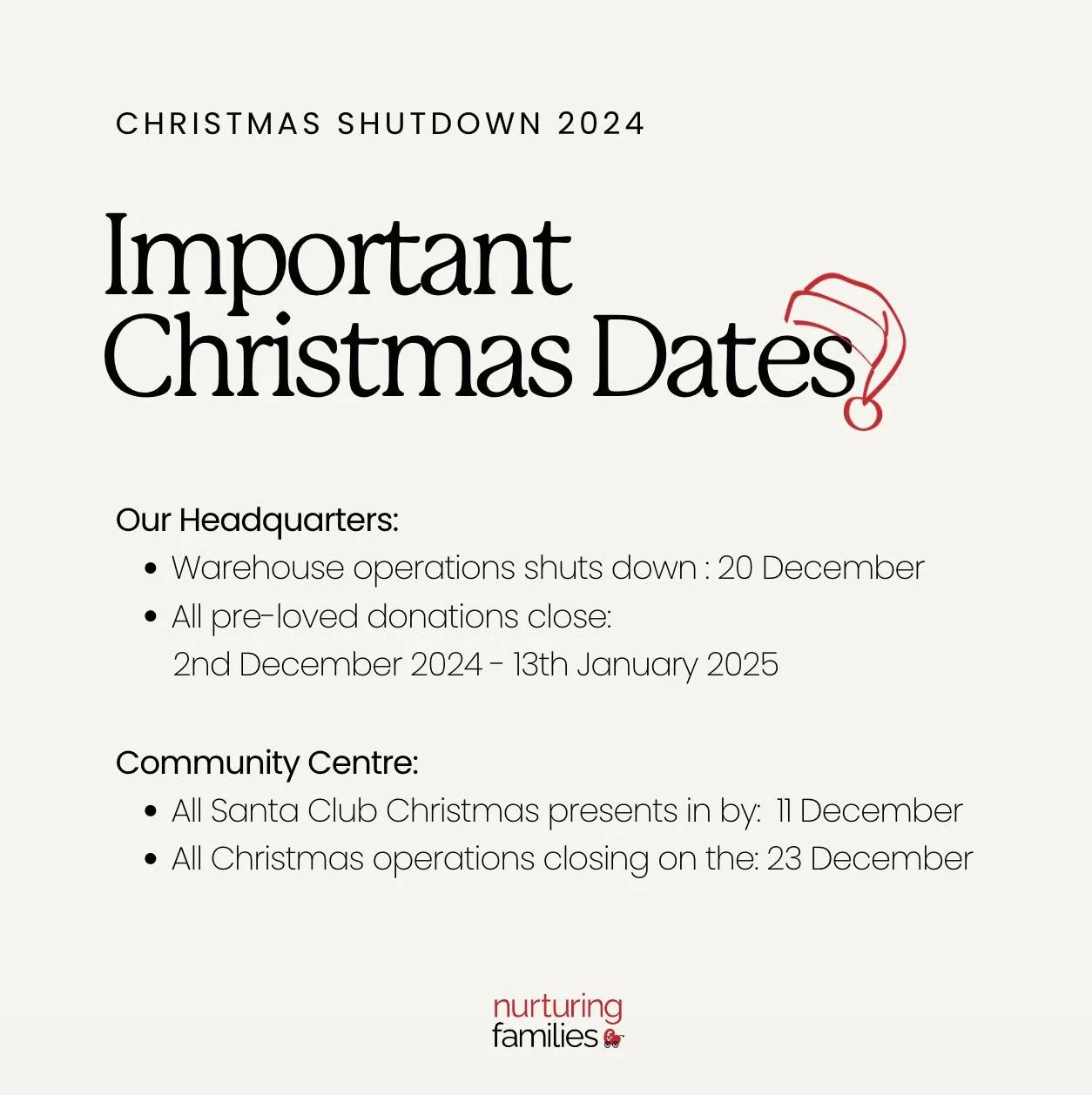 As we are rapidly approaching the holiday season, here are some important dates to keep in mind for both our Santa Club and warehouse operations. 

Make sure to get your Santa Club gifts and donations in on time so we can spread as much cheer as poss