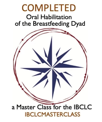 Completed certification for oral breastfeeding dyad by IBCLC, featuring a compass icon and the IBCLC Master Class logo.