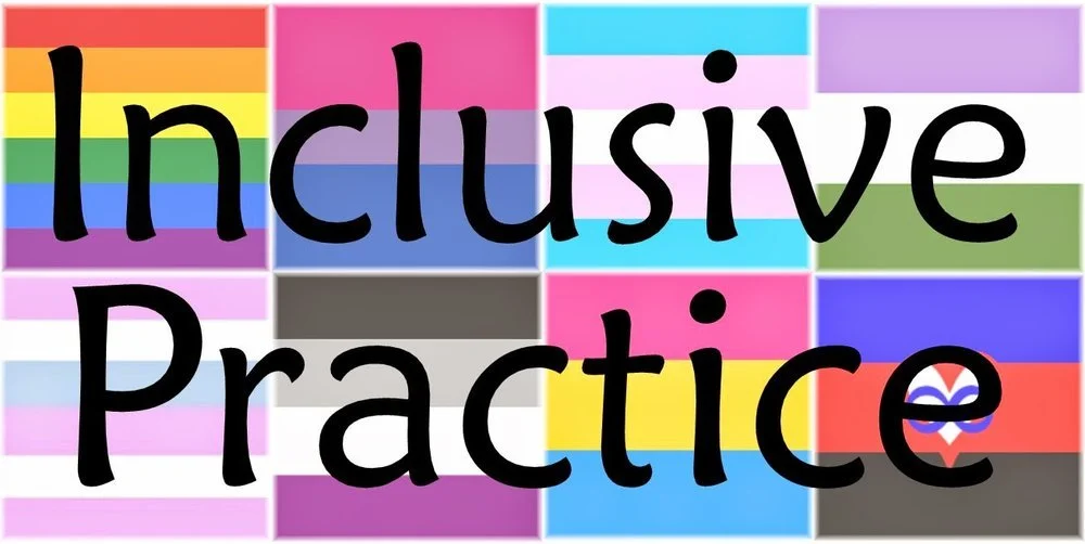 Text that says inclusive practice with flags as background