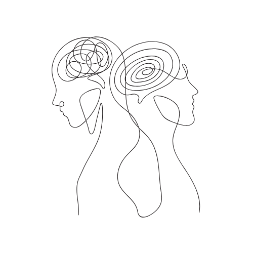 Line drawing of two people in profile with abstract, swirling patterns in their heads, representing thoughts or minds.
