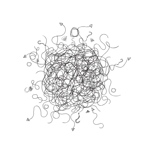 A tangled mess of thin black lines with arrows at the ends, arranged in a circular pattern.