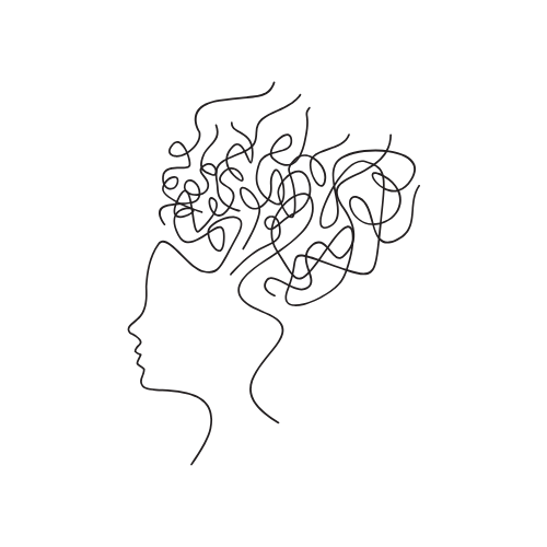Line drawing of a woman's profile with curly hair.