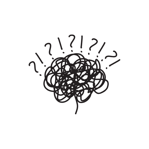 A messy, tangled ball of lines with question marks surrounding it, representing confusion or a complex problem.