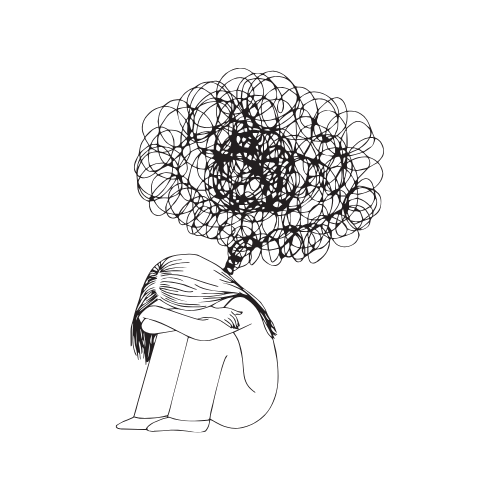 A line drawing of a girl sitting with her knees pulled up, her head resting on her knees, and a large scribbled cloud of tangled lines representing her thoughts or feelings above her head.