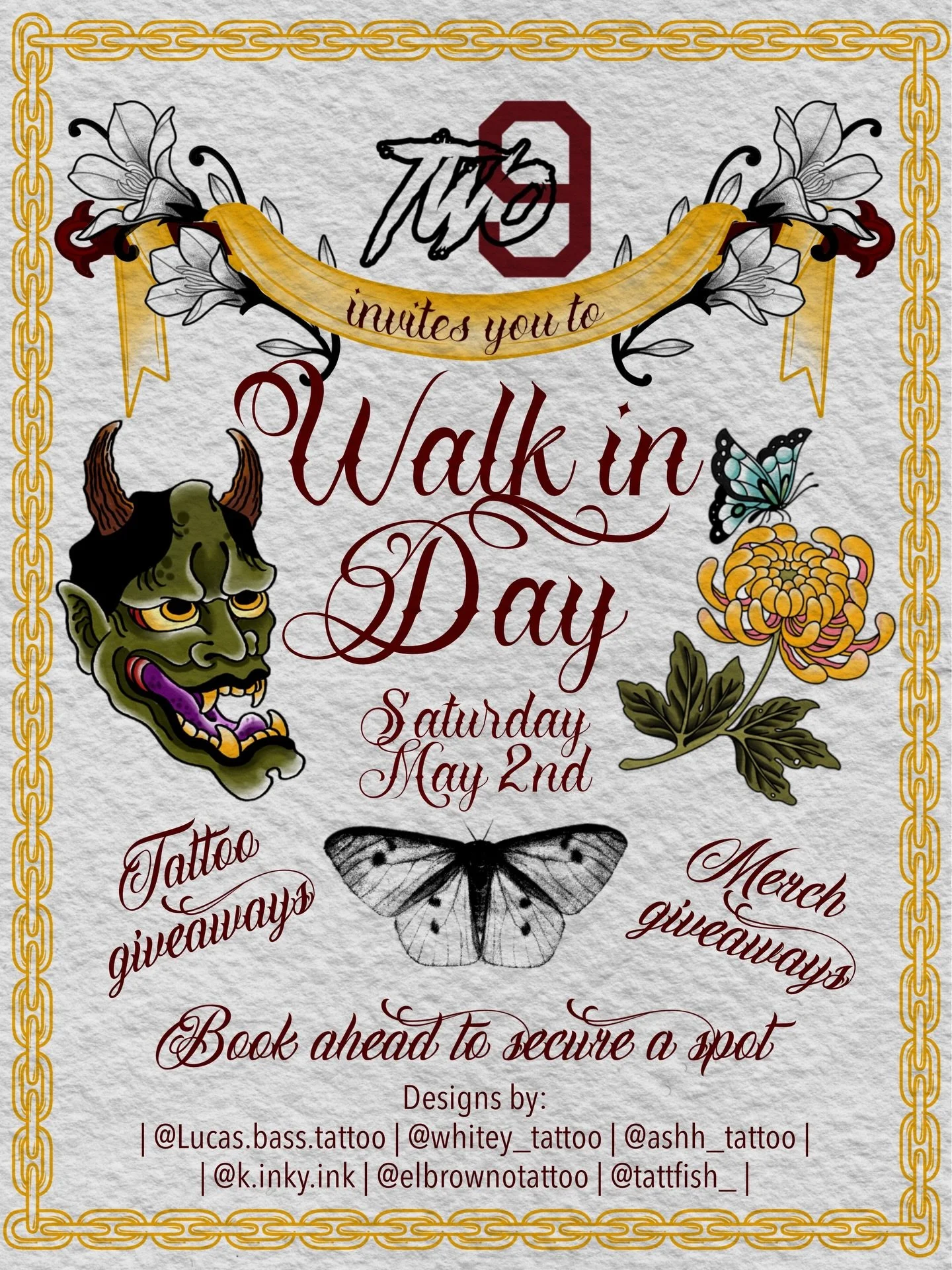⛓️SAVE THE DATE - SATURDAY MAY 2⛓️

We are doing our first WALK IN DAY in the new studio! Flash designs will be posted weekly on a Friday from participating artists so if you see a design you love, message us to lock a spot in because all designs are