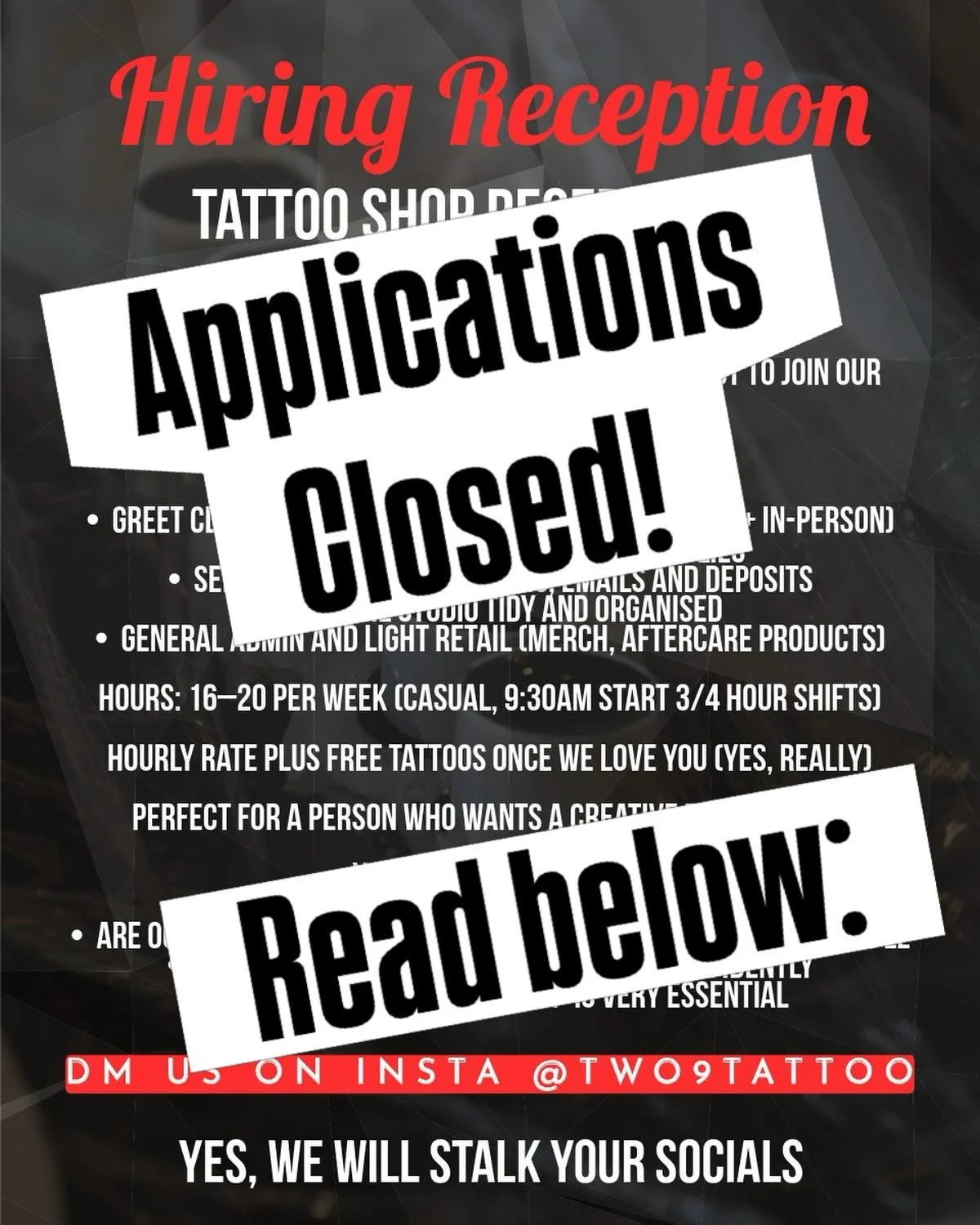 Heya!

We have had an overwhelming amount of people apply for this position within the last 24 hours. So we&rsquo;re going to close the applications before we reach a position where we can&rsquo;t read everyone&rsquo;s r&eacute;sum&eacute;. 

This do