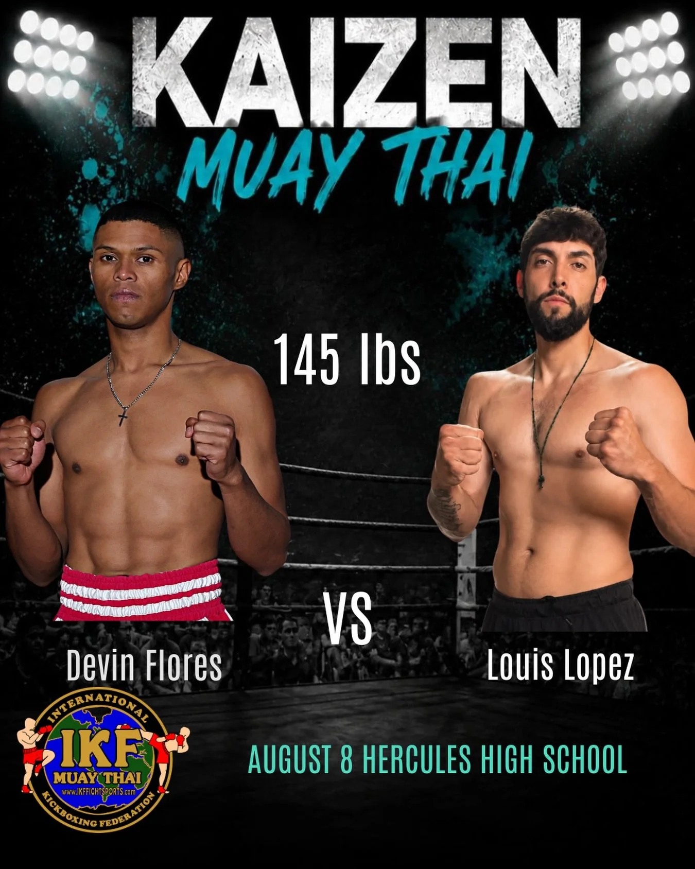 Poster for a Muay Thai boxing match between Devin Flores and Louis Lopez at Hercules High School on August 8. The poster features images of two shirtless male fighters in fighting stances, with a boxing ring background and event details.