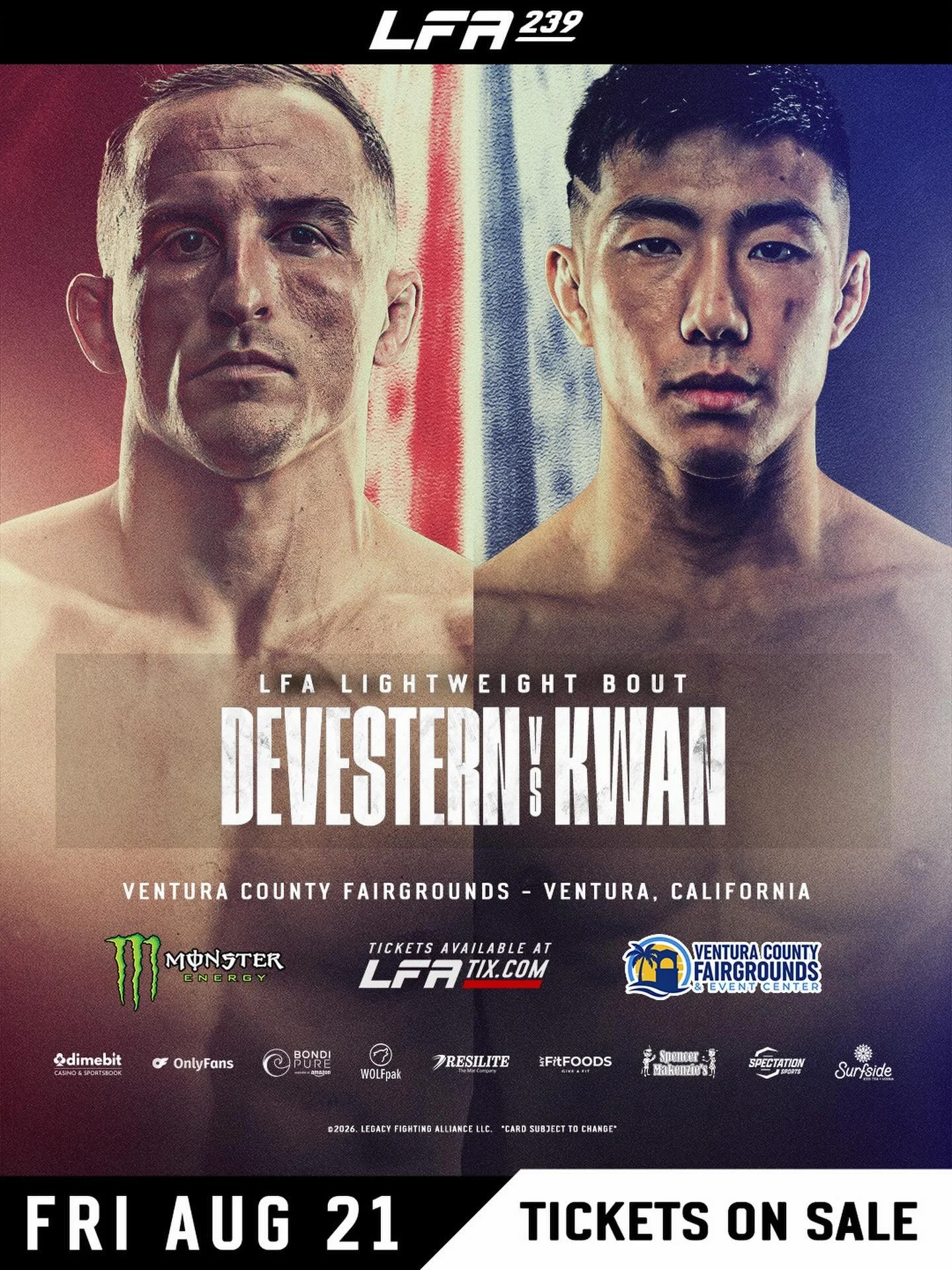 Poster for a boxing event featuring Devestini vs. Kiwaki at the Ventura County Fairgrounds in Ventura, California, on August 21, with sponsorship logos from Monster Energy, and ticket info details.