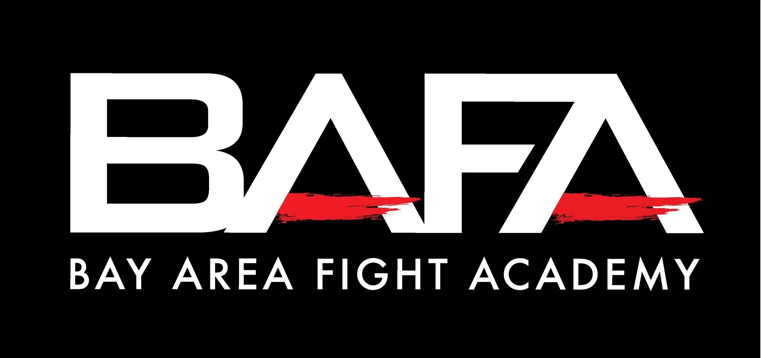 Logo for Bay Area Fight Academy with large white text 'BAX' on black background, red brush stroke underneath, and smaller white text 'Bay Area Fight Academy' below.