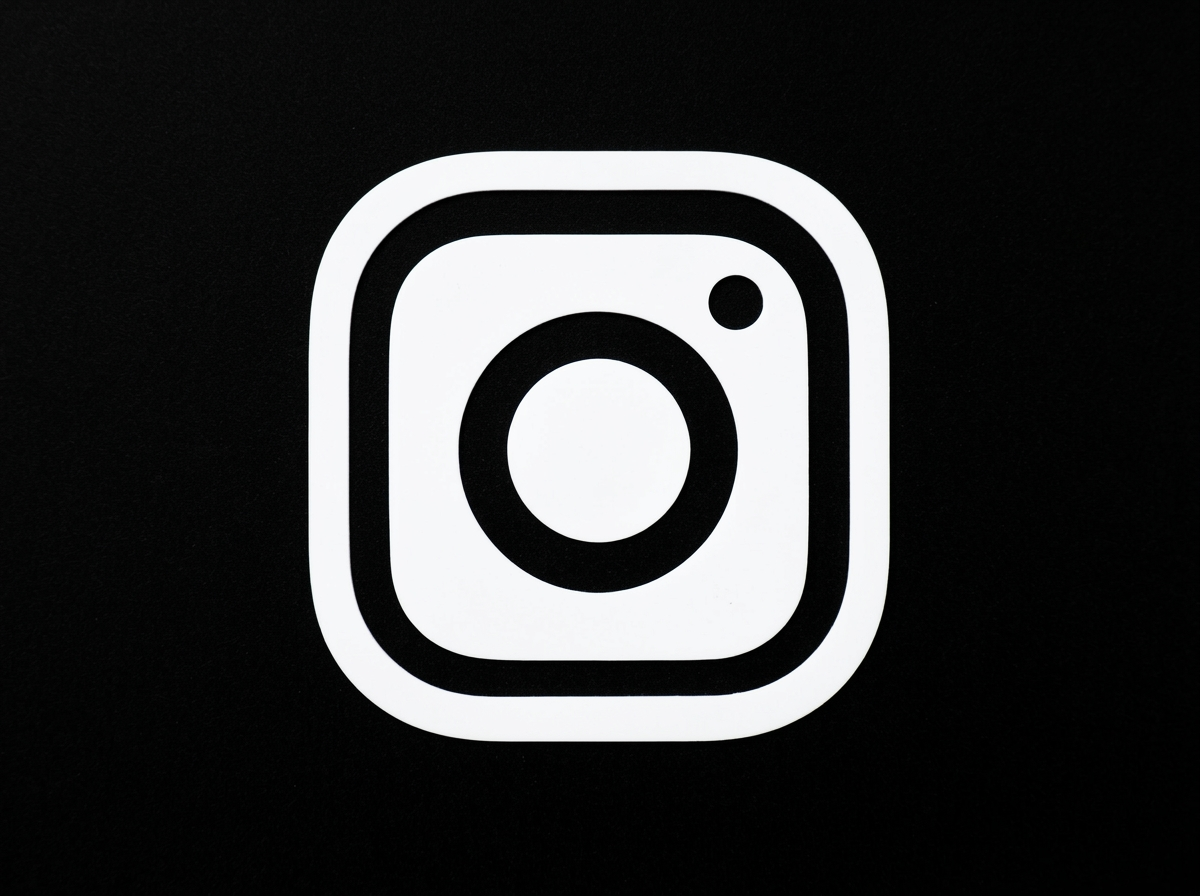 Instagram logo in black and white on a black background.