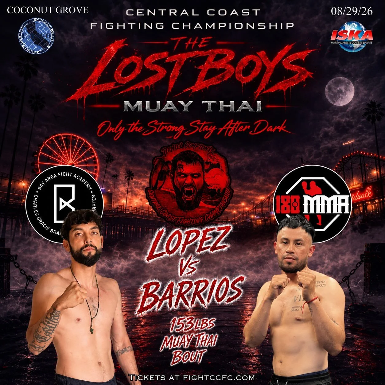 Poster for a Muay Thai fight between Lopez and Barrios at Coconut Grove. The event is part of the Central Coast Fighting Championship, scheduled for August 29, 2026. The poster features images of two male fighters, one with a beard and tattoos on his arm, the other with short hair and fists raised. Background includes a moonlit night sky, palm trees, a ferris wheel, and an amusement park setting. Logos for fight organizations and ticket information are also present.