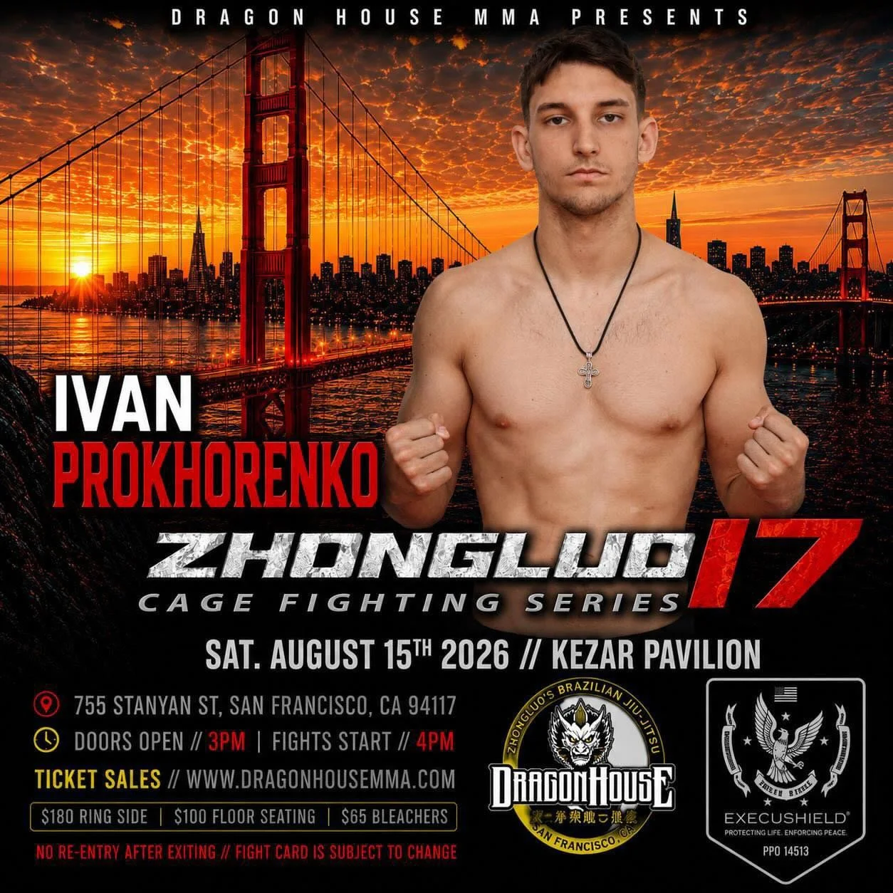 Promotional poster for a mixed martial arts fight featuring Ivan Prokhorenko against Zhongluo 17 at the Kezar Pavilion, with a background of the San Francisco skyline and the Golden Gate Bridge during sunset.