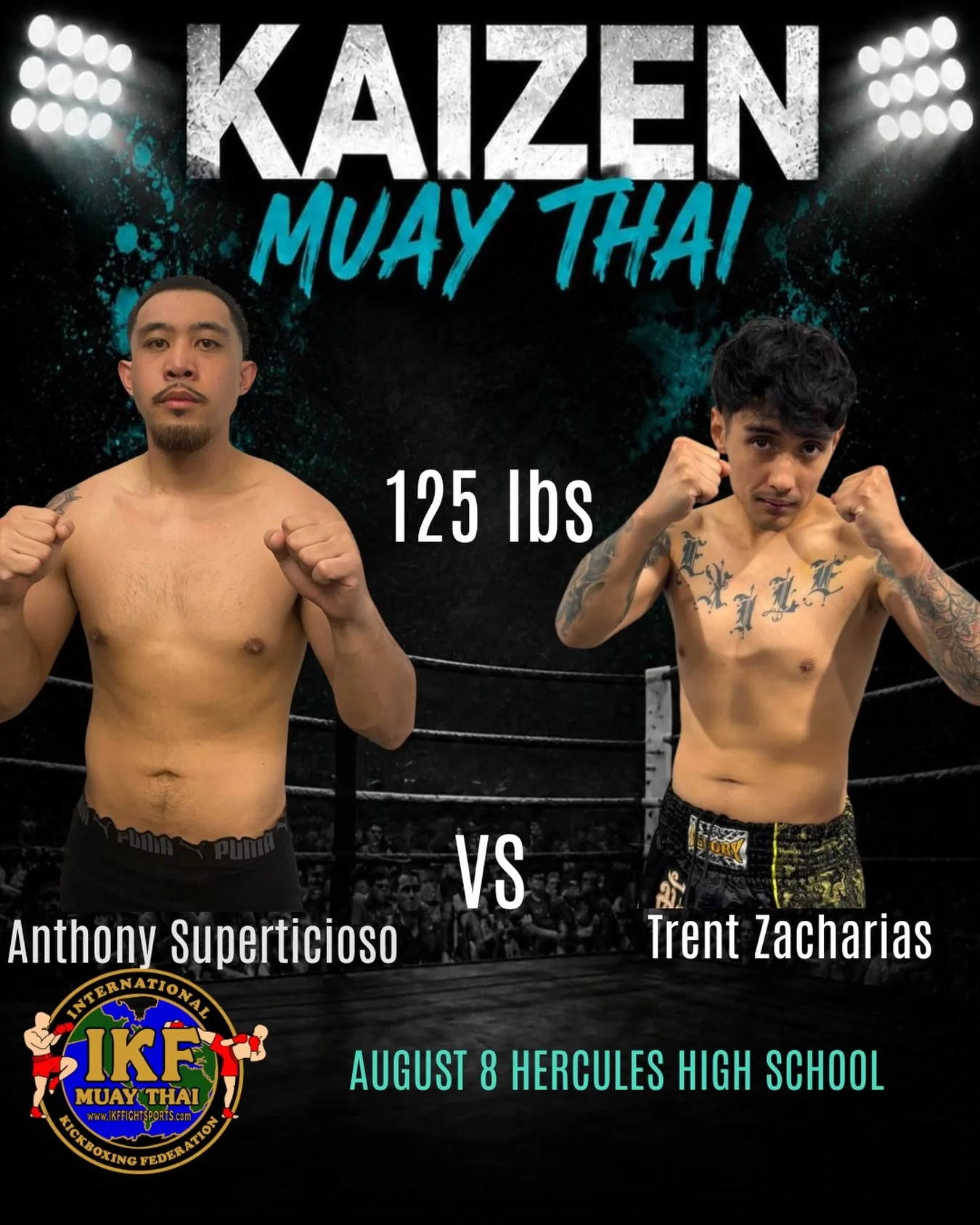 Promotional poster for a Muay Thai fight between Anthony Superticioso and Trent Zacharias at Hercules High School on August 8. The poster features images of the two fighters posing in fighting stances inside a boxing ring, with the event details and logos.