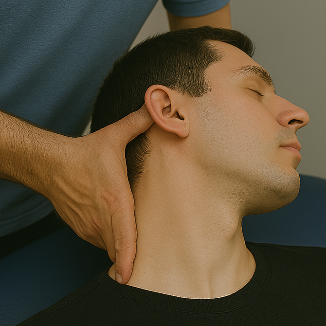 Doctor of Physical Therapy performing upper cervical spine mobilization to treat TMJ and jaw pain in Marietta, GA.